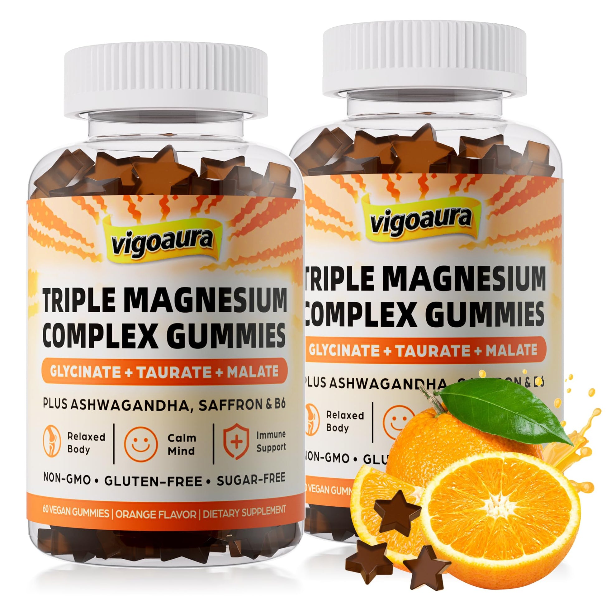 Vigoaura Magnesium Glycinate Gummies 3-in-1, 800mg Glycinate, Taurate & Malate with Ashwagandha & Saffron for Adult, Sugar Free, Vegan, 120 Chews