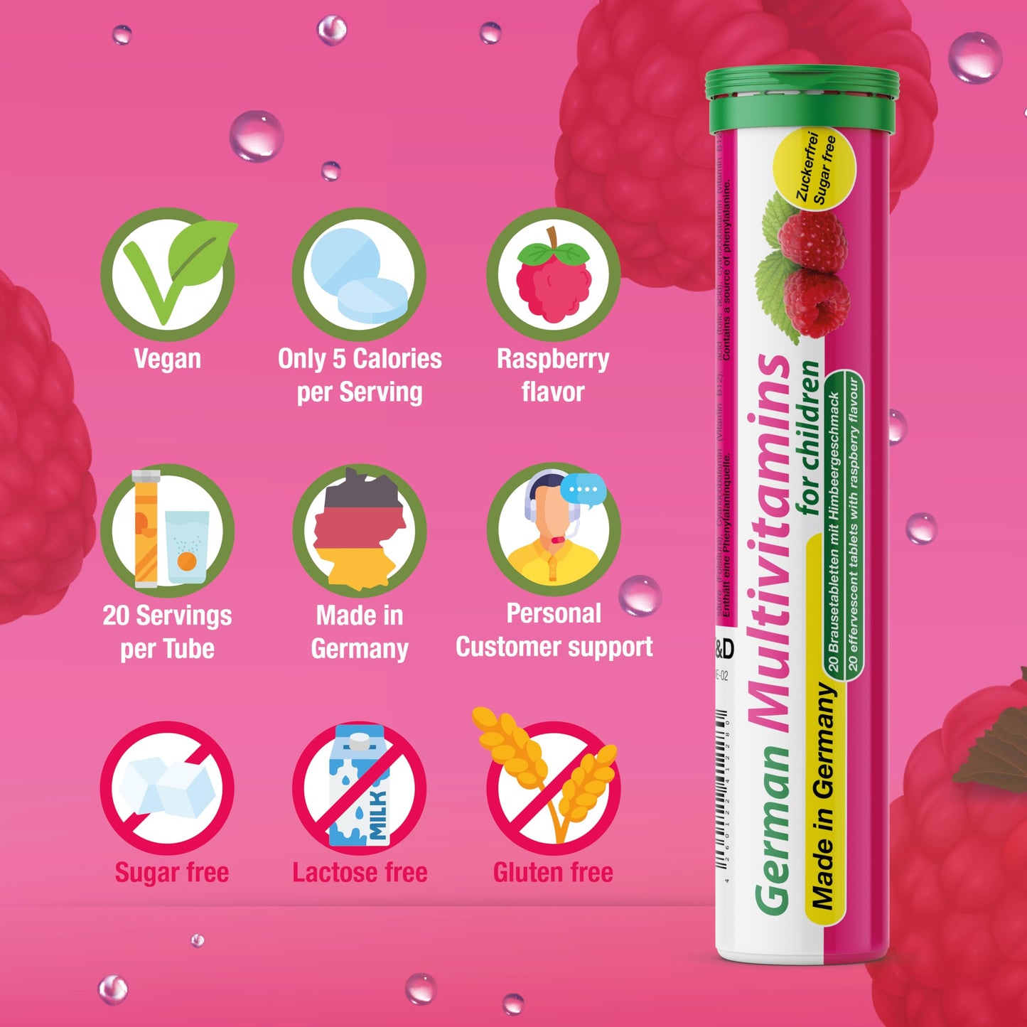 T&D German Multivitamin for Children 8 Vitamins Vegan Effervescent Tablets Raspberry Flavor Made in Germany 100 Tablets