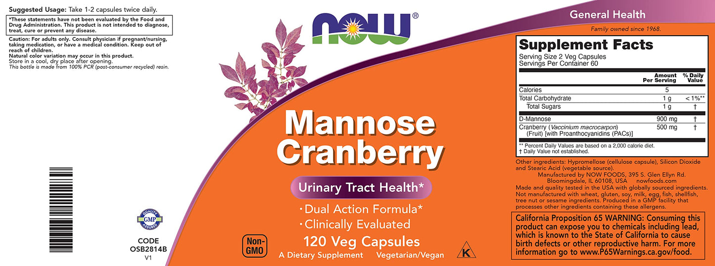 NOW Foods Mannose Cranberry Capsule, 120 Count