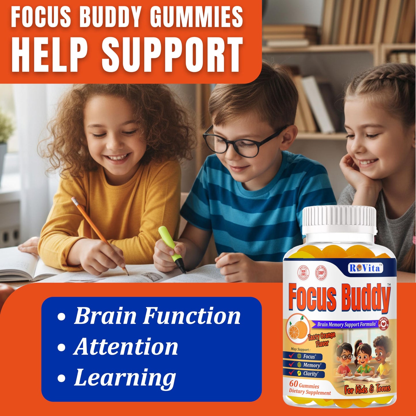 ROVita Focus Buddy Kids Focus and Attention Supplements Gummy, 60 Gummies