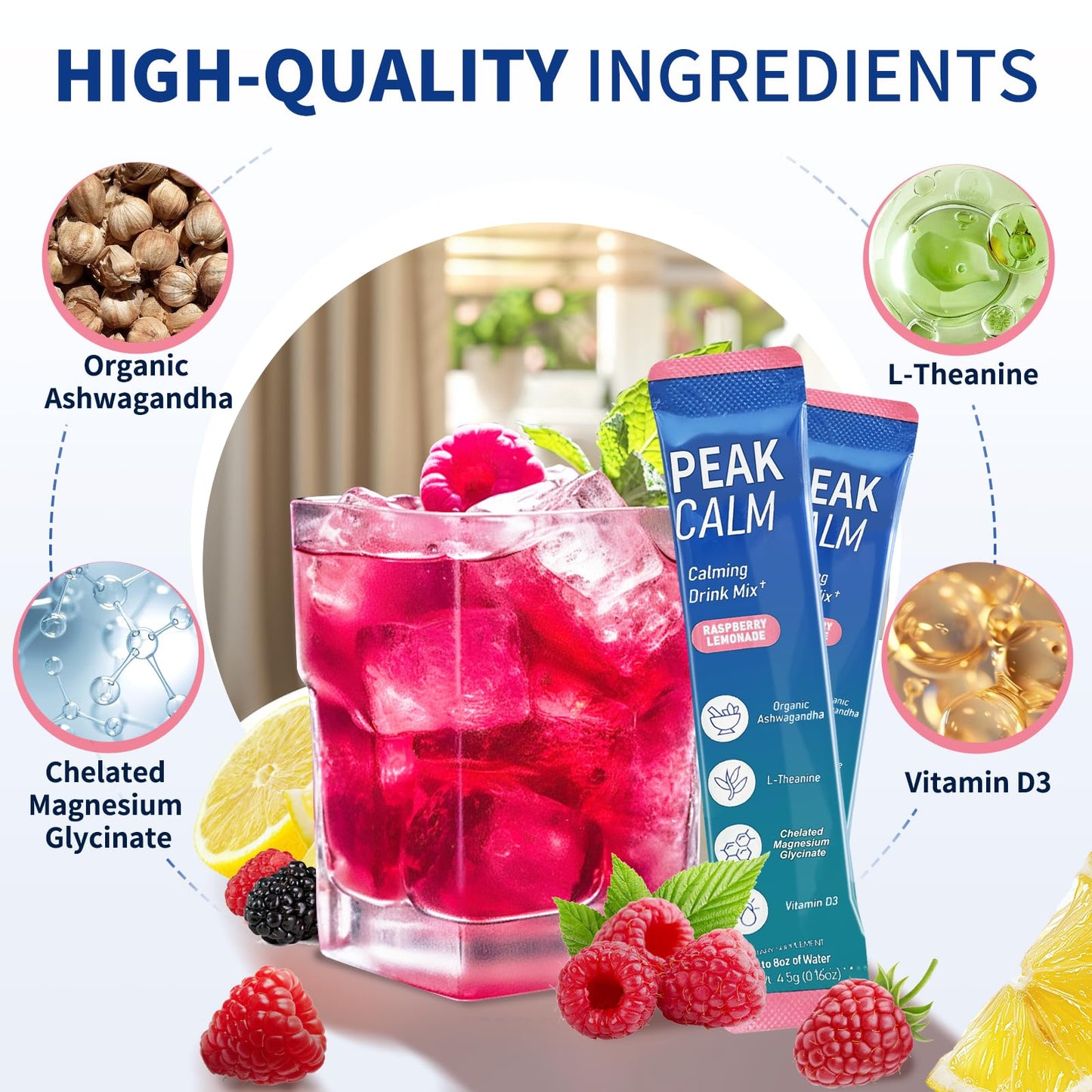 OLELON Super Cortisol Calm Magnesium Glycinate Powder with Ashwagandha, L-Theanine & Vitamin D3, Raspberry Lemonade, No Sugar, 40 Count