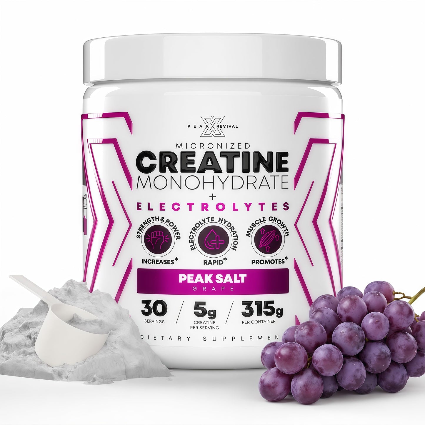 Peak Revival-X Creatine Monohydrate Powder + Electrolyte Hydration Salt Powder, Grape, 5000mg (5g) Per Serving, 30 Servings