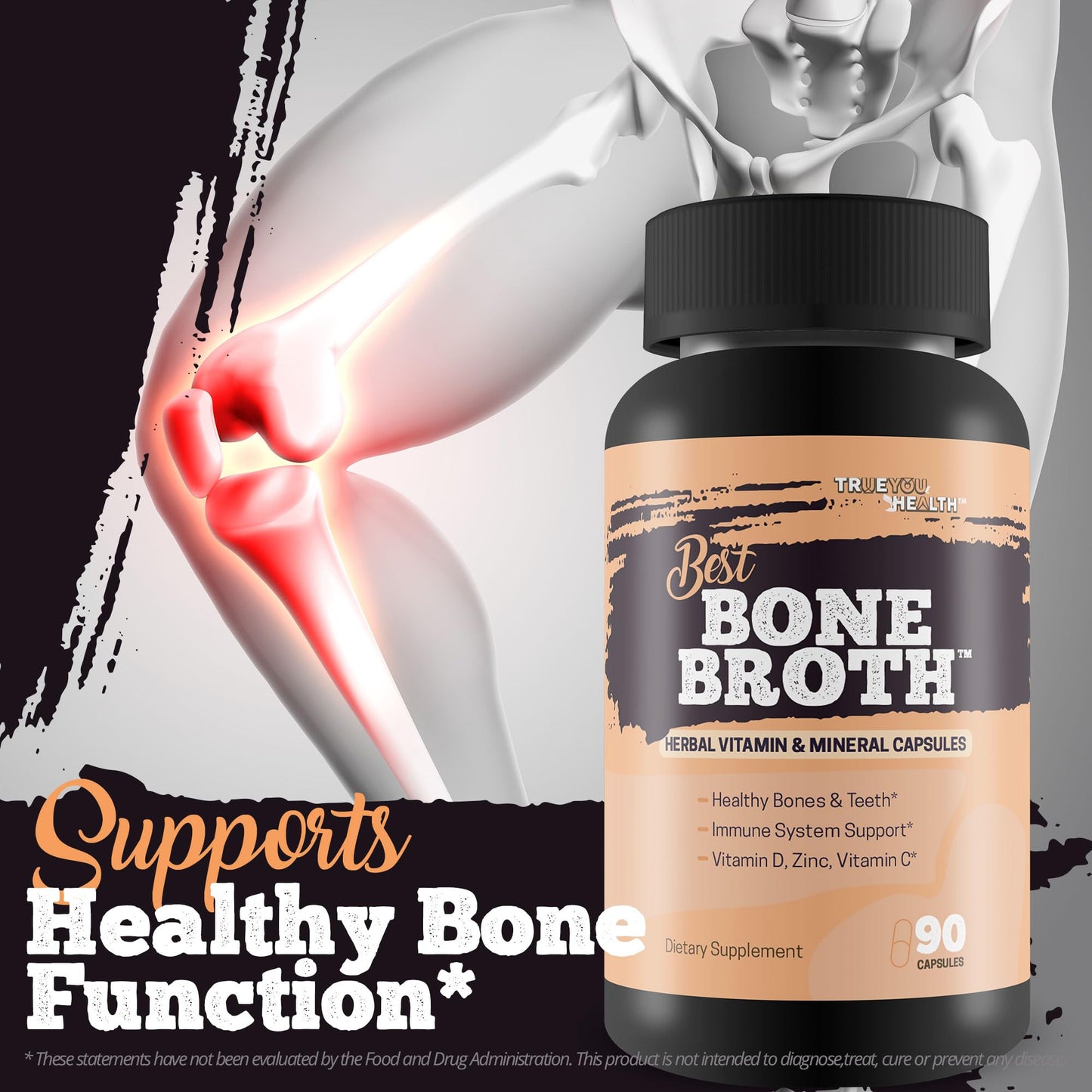 True You Health Bone Broth Capsules - Bone Health & Immunity Support, Vitamin D, 90 Capsules