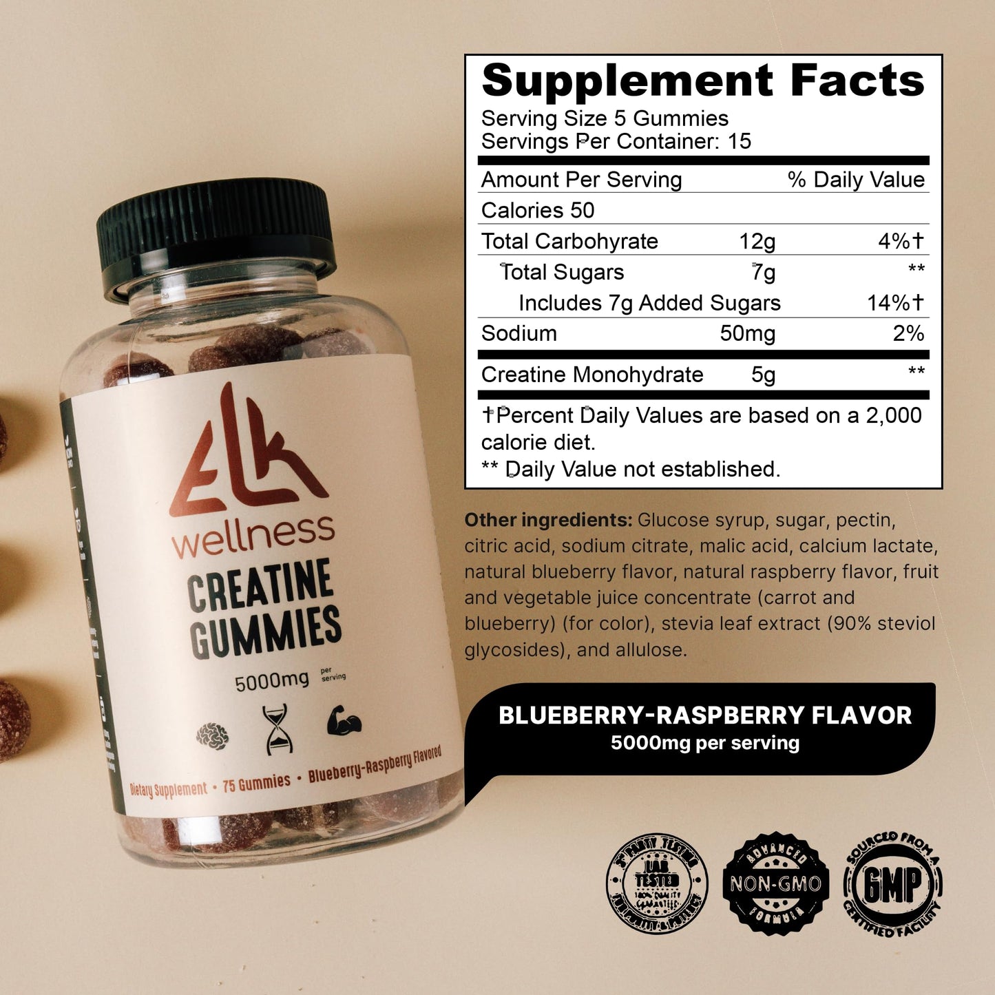 ELK Wellness Creatine Monohydrate Gummies 75 Count
