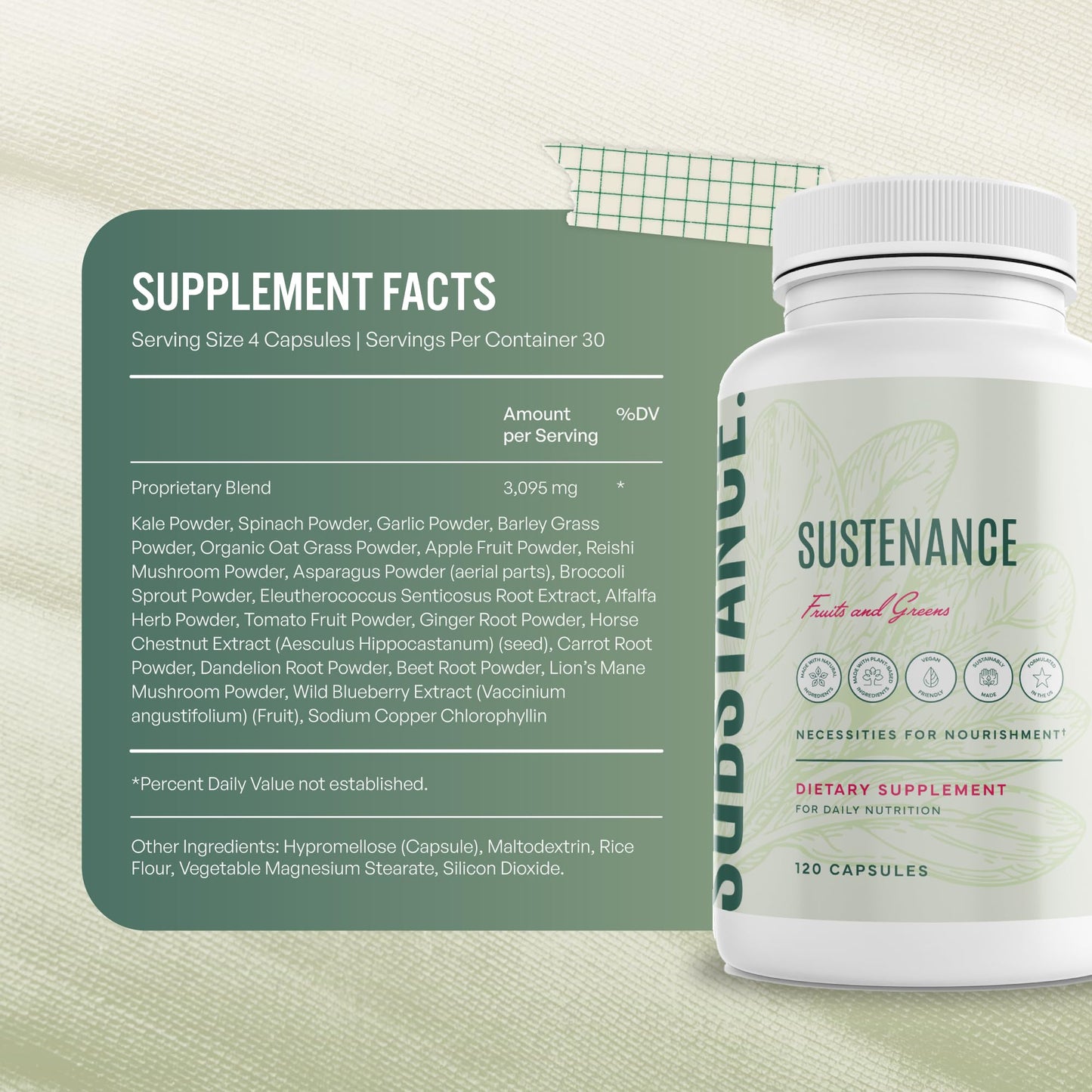 SUBSTANCE Nature's Sustenance Daily Greens, Daily Fruit and Veggies Supplement Capsule 120 Count