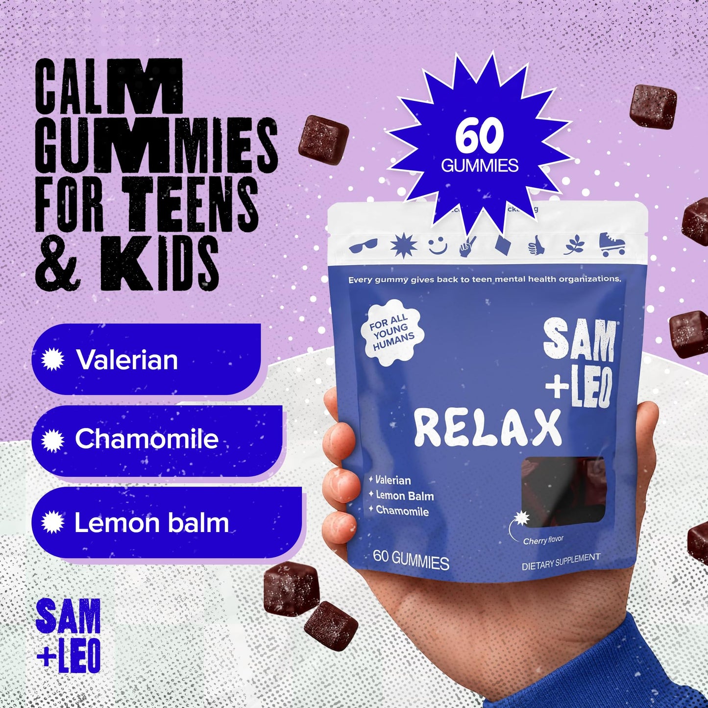 SAM+LEO Relax Gummies with Valerian, Lemon Balm & Chamomile for Kids & Teens – Stress Relief & Relaxation Support – Vegan & Gluten Free, Cherry Flavor, 60 Gummies