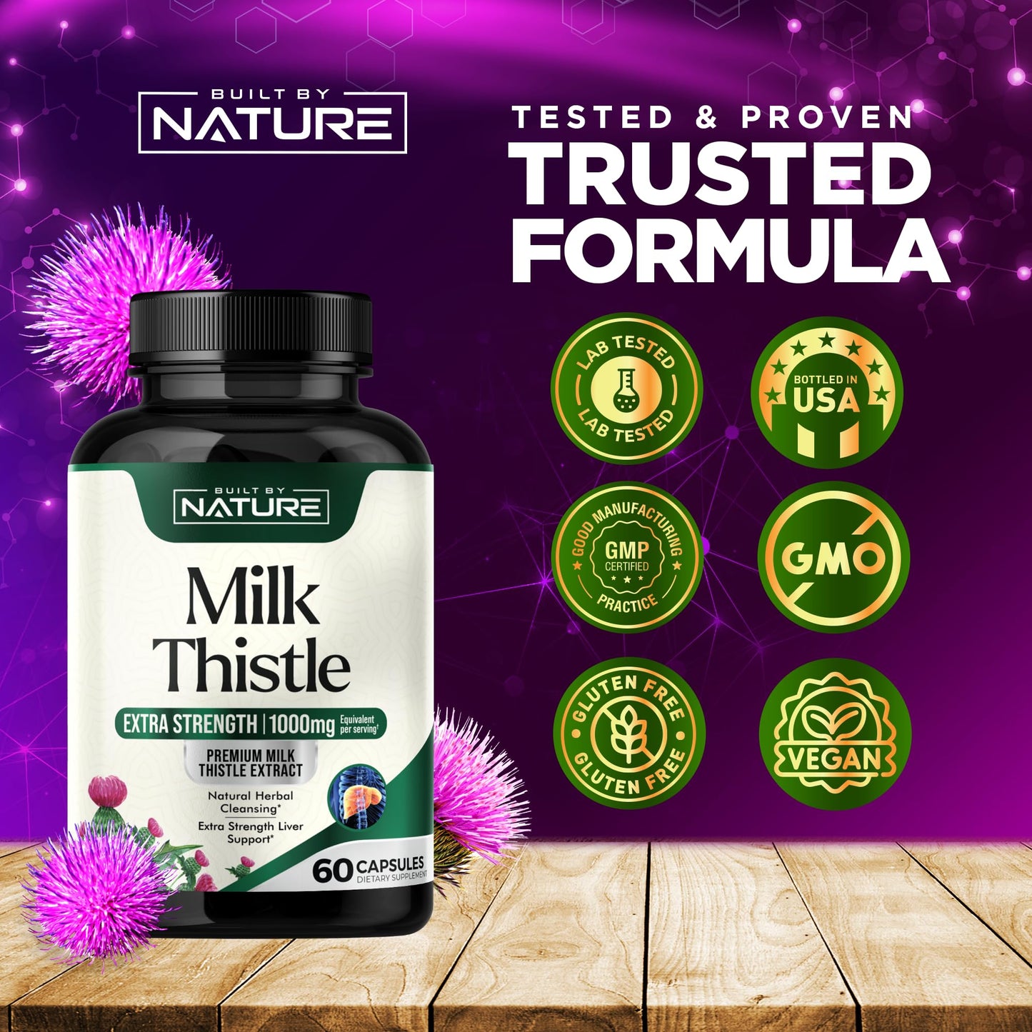 Built by Nature Milk Thistle Liver Detox Supplement with Silymarin Extract & Dandelion Root Capsules, 60 Count