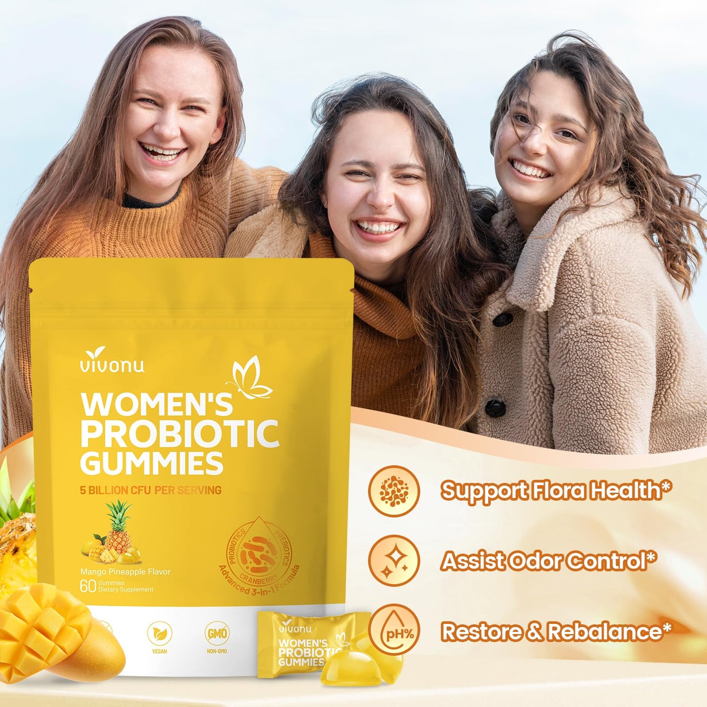 VivoNu Pineapple Probiotic Gummies for Women Gummy 180 Count