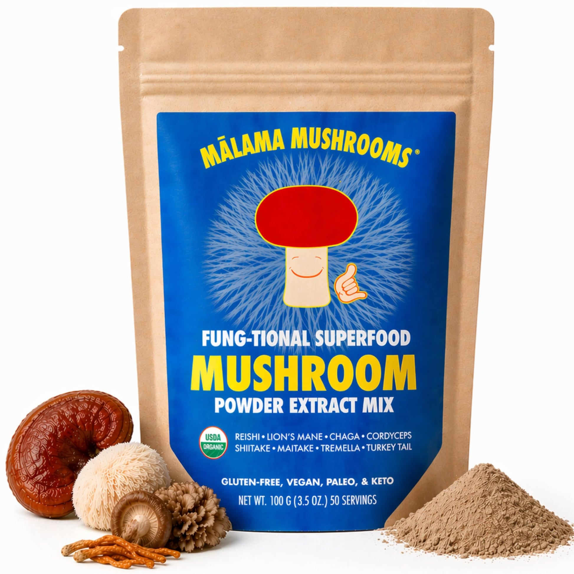 MALAMA MUSHROOMS 8-Mushroom Extract Powder 3.5 Ounces