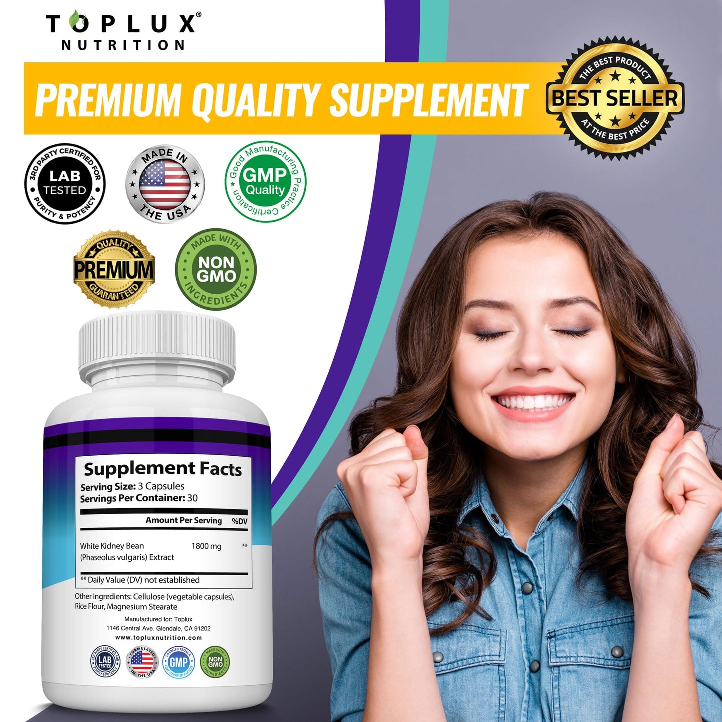 Toplux Keto Blocker Pills White Kidney Bean Extract 1800 mg Natural Ketosis, Support Keto Diet, for Men Women, 90 Capsules