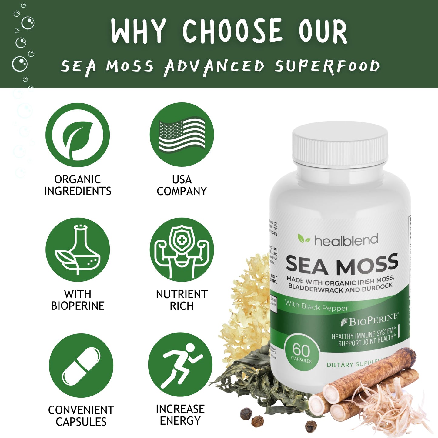 Healblend Organic Sea Moss, Bladderwrack, Burdock, & BioPerine - 1405mg with Black Pepper - Natural Wellness and Detox Support Supplement, 60 Capsules