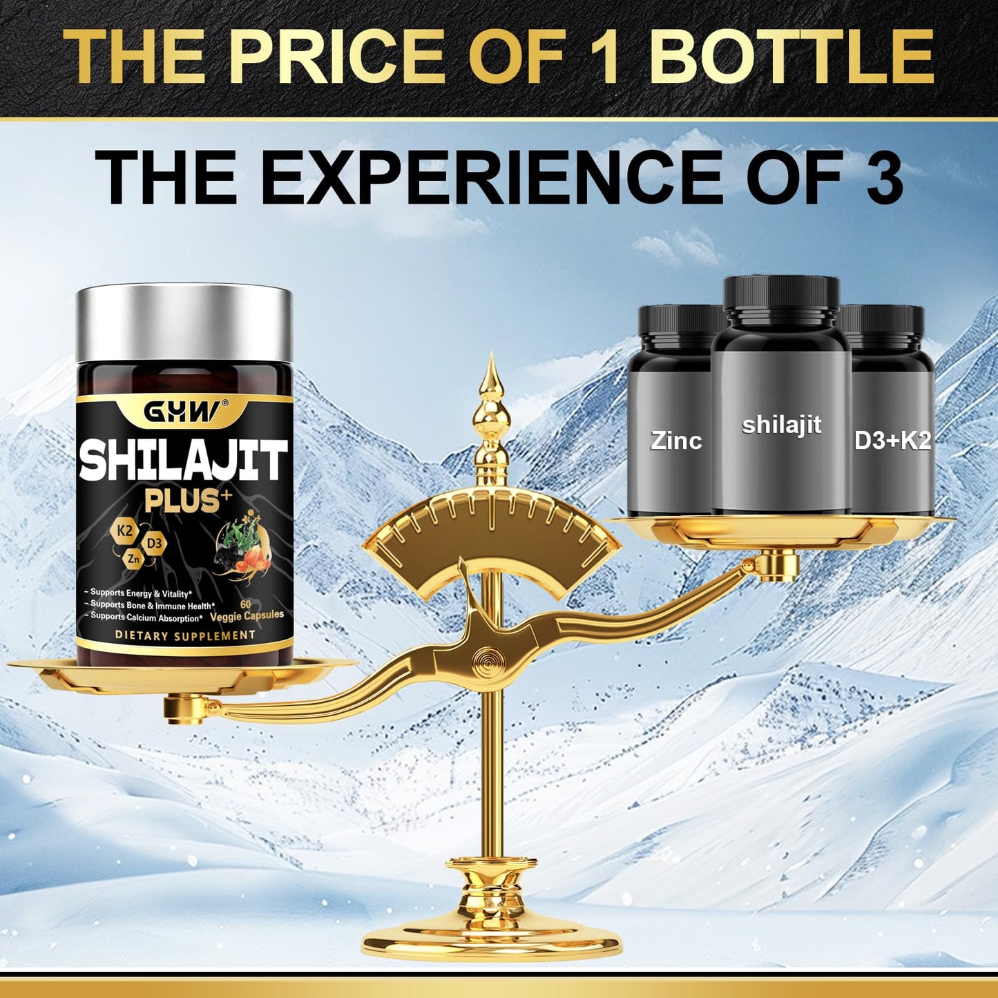 GHW Shilajit for Men Capsules with Vitamin D3 K2 & Zinc, Natural Fulvic Ashwagandha Ginseng, Supports Stamina Immune Health and Male Vitality, 60 Capsules