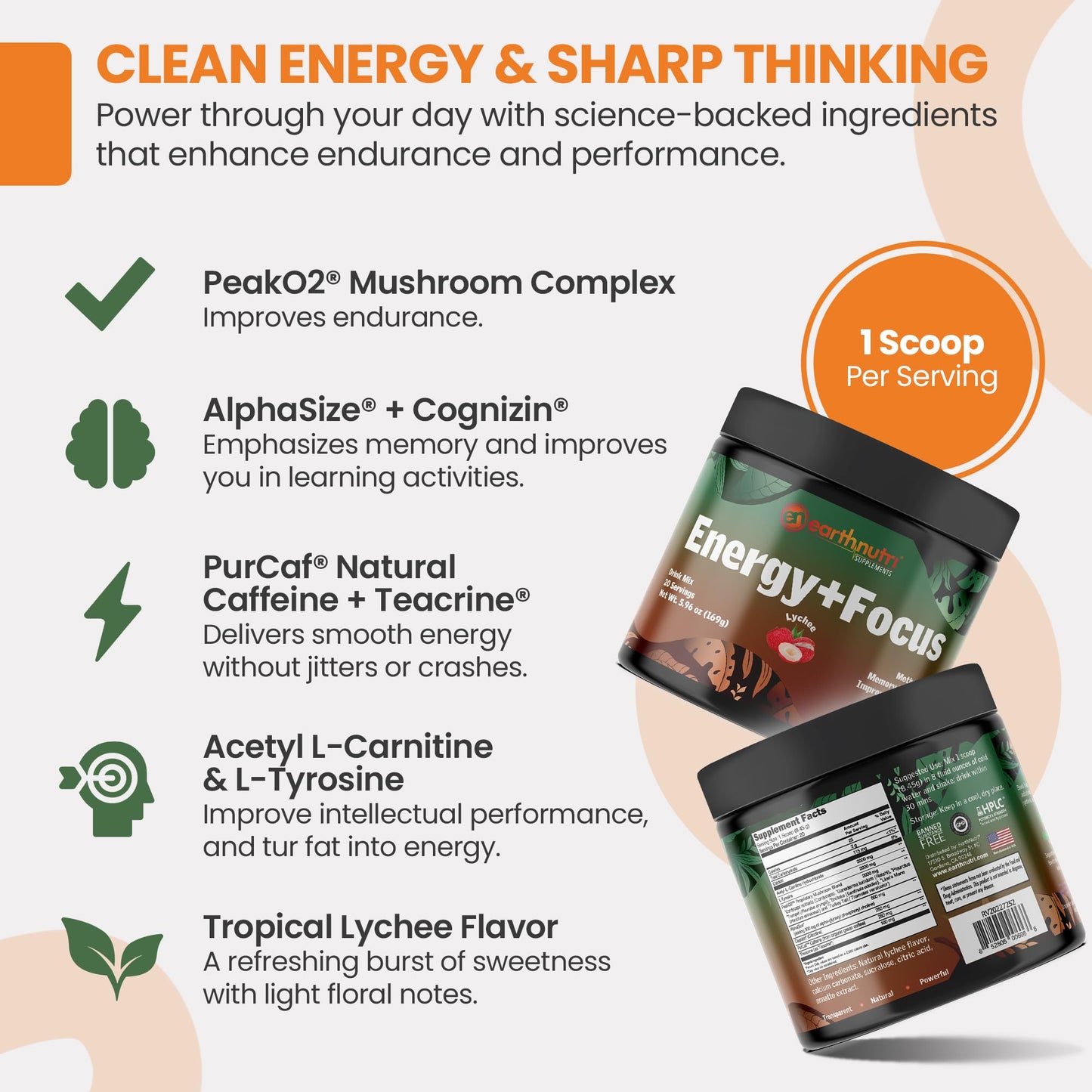 EarthNutri Energy + Focus Powder Supplement – Energy Boost & Memory Supplements with PeakO2, AlphaSize, Cognizin, PurCaf, Theacrine, Acetyl L-Carnitine L-Tyrosine, Lychee Flavor – 6.03 Ounce