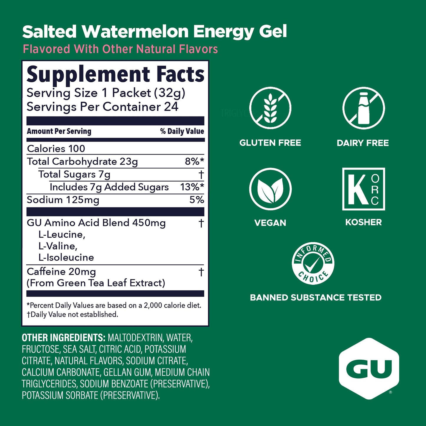 GU Energy Original Sports Nutrition Energy Gel, Salted Watermelon, 26.4 Oz, 24 Count