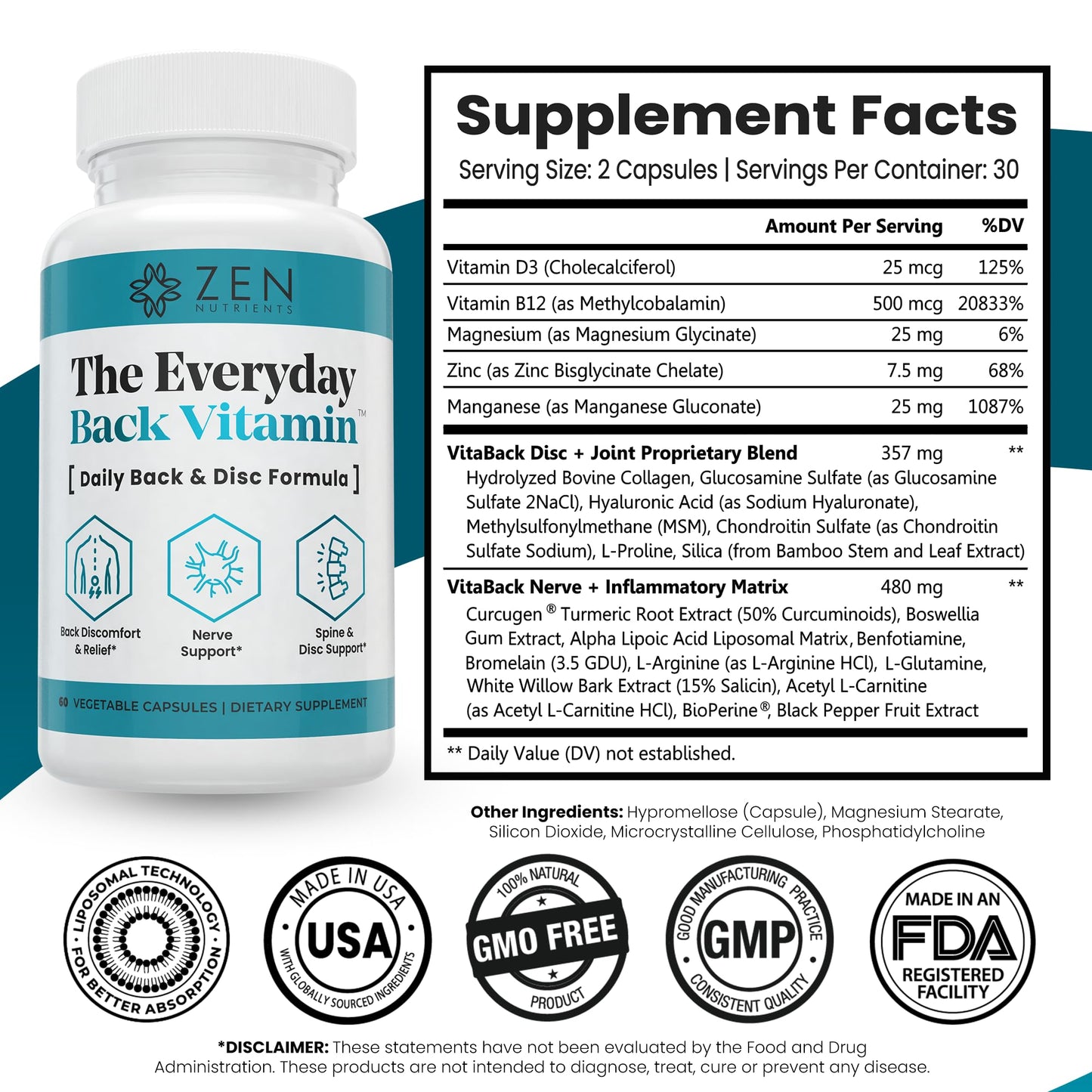Zen Nutrients The Everyday Back Vitamin for Lower Back Relief & Nerve Function Support Supplement - Back, Disc and Nerve Relief with Alpha Lipoic Acid, Turmeric & Glucosamine, 60 Capsules