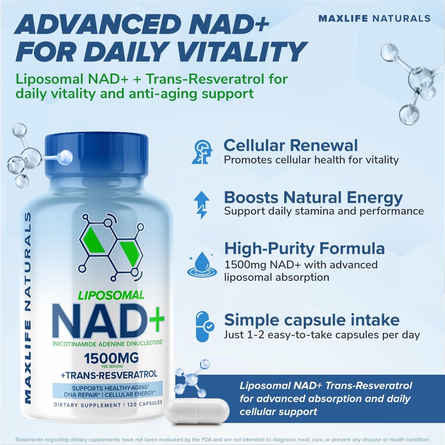 MaxLife Naturals Liposomal NAD+ Supplement 1500mg with Trans-Resveratrol, 120 Capsules