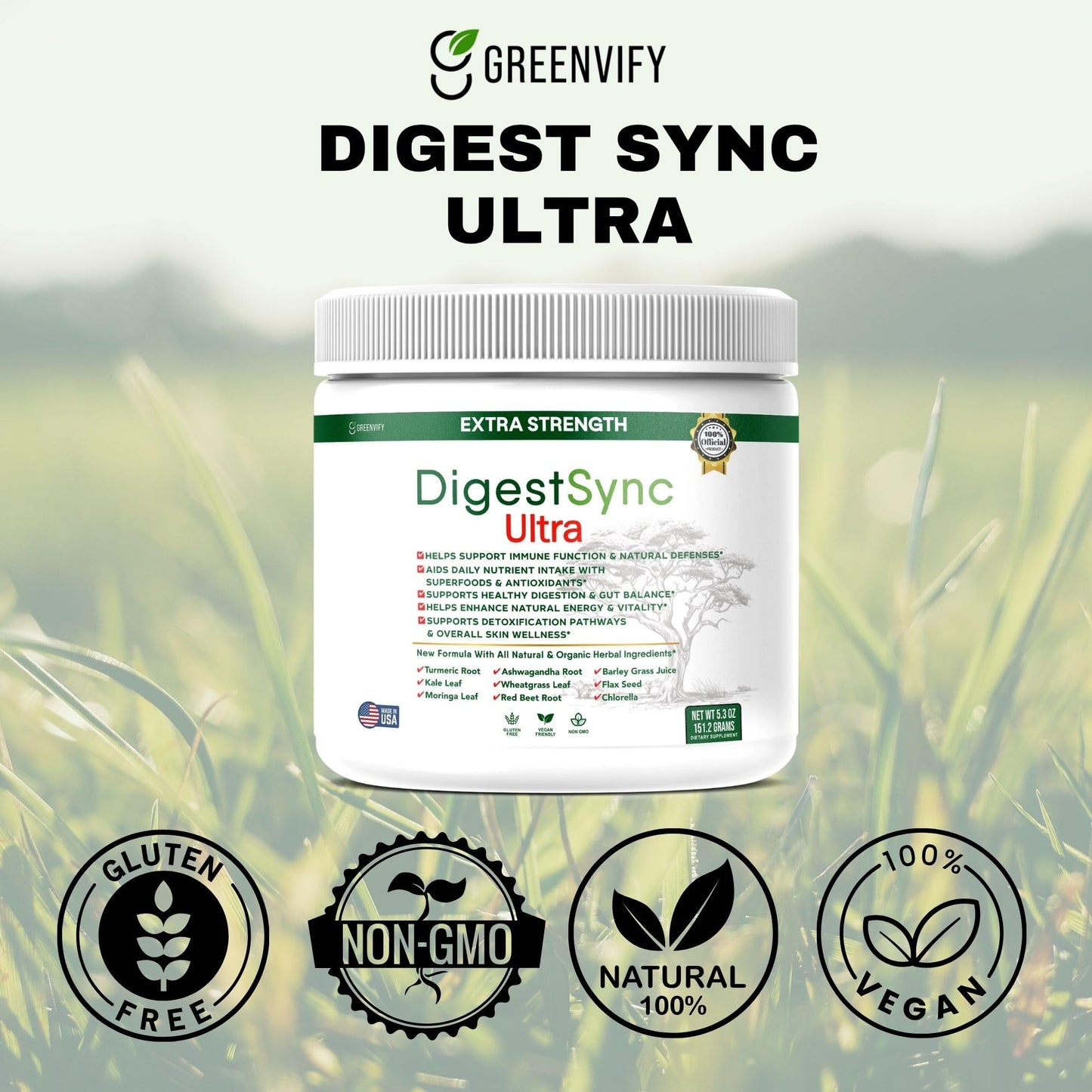 GREENVIFY DigestSync Ultra Extra Strength Digestive Support Supplement with Organic Superfoods Capsule 60