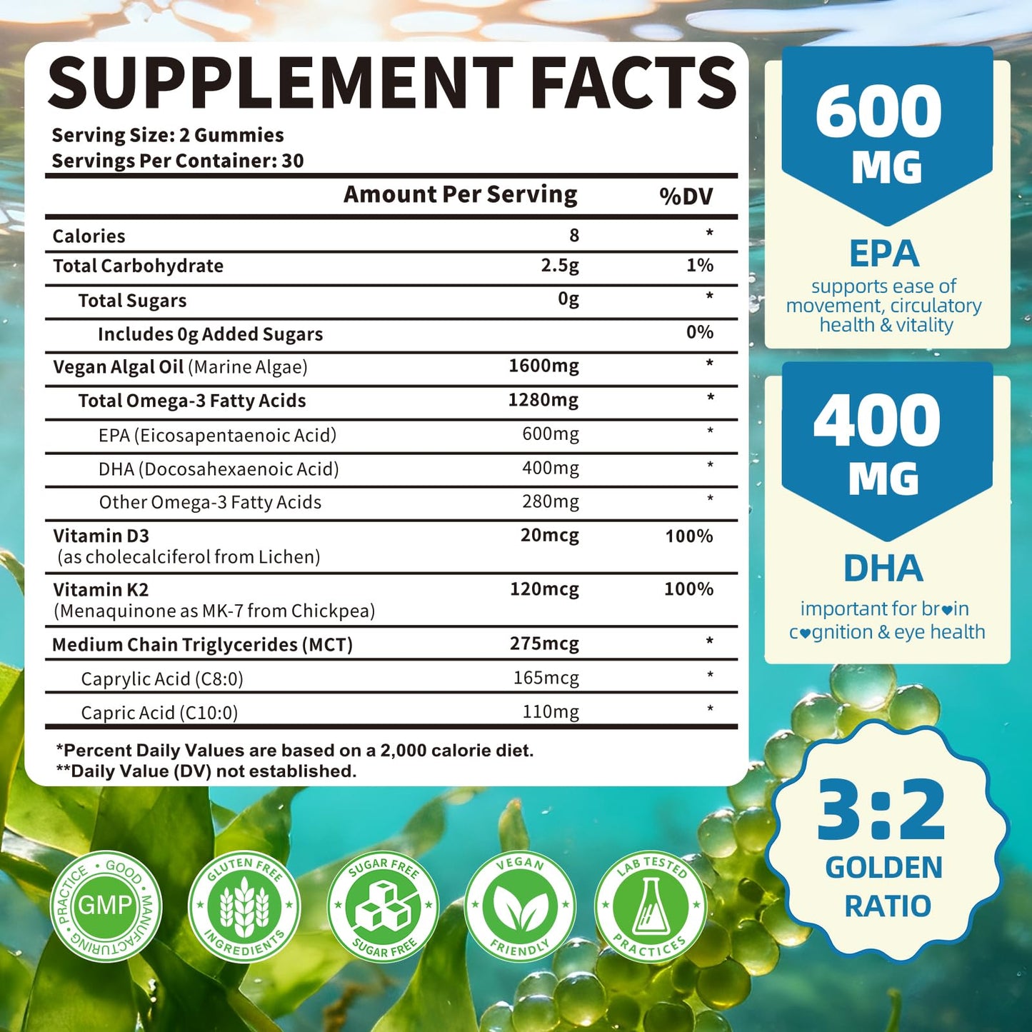 Mchokuu Vegan Omega-3 Gummies 1600mg EPA & DHA from Algal Oil, 120 Count
