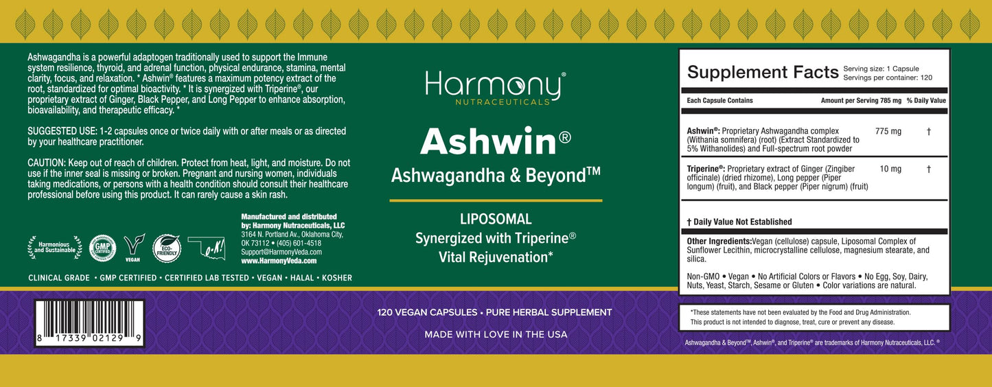 Harmony Nutraceuticals Ashwin Liposomal Ashwagandha High Potency Root Extract with Triperine Absorption Complex 120 Capsules