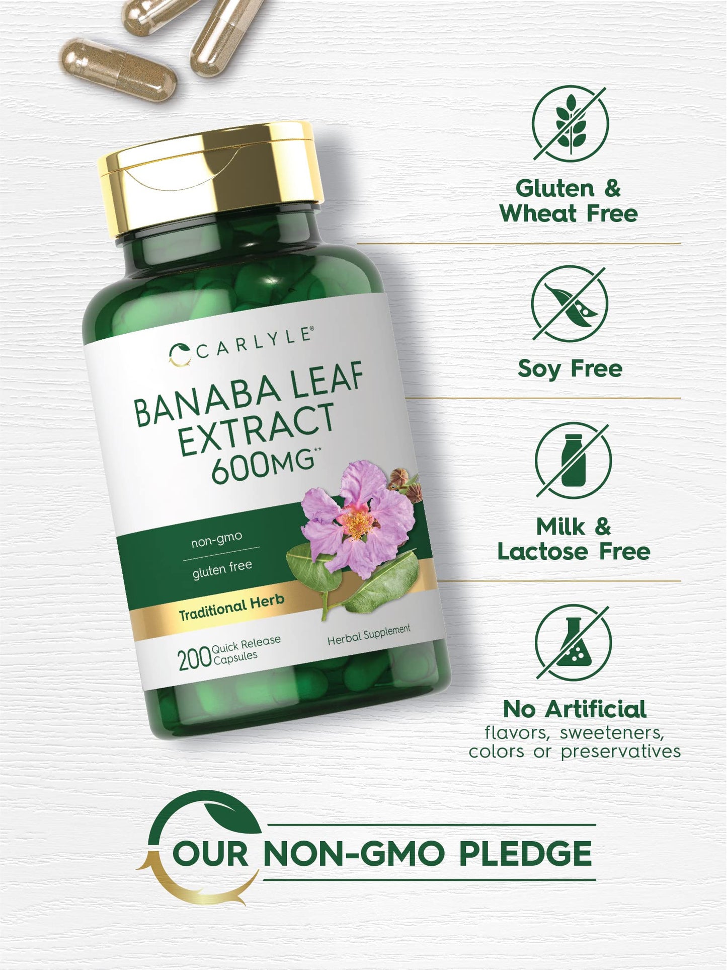Carlyle Banaba Leaf Extract Capsules, Non-GMO, Gluten Free, 200 Capsules