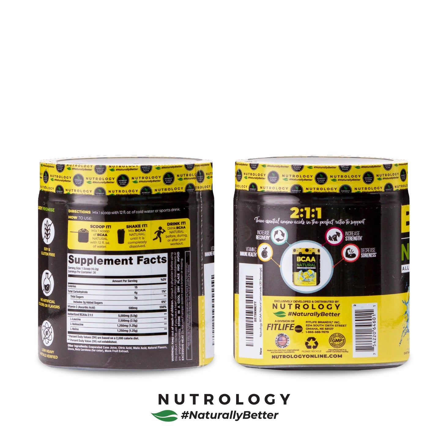 Nutrology BCAA Natural Plant Based Powder Lemonade Flavor, 2:1:1 Amino Acids Ratio, Pre- and Post-Workout Recovery, Vegan, Gluten-Free, Non-GMO, 30 Servings