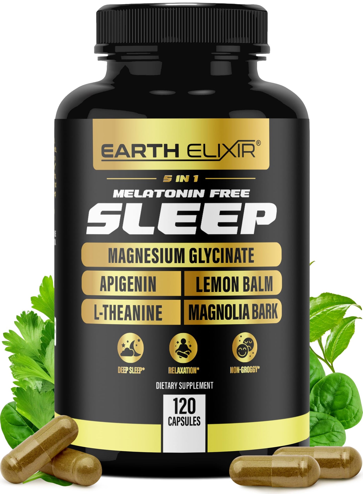 Earth Elixir 5-in-1 Melatonin Free Sleep Aid – Magnesium Glycinate, Apigenin for Sleep, L-Theanine, Lemon Balm, Magnolia Bark Extract Capsules, 120 Count