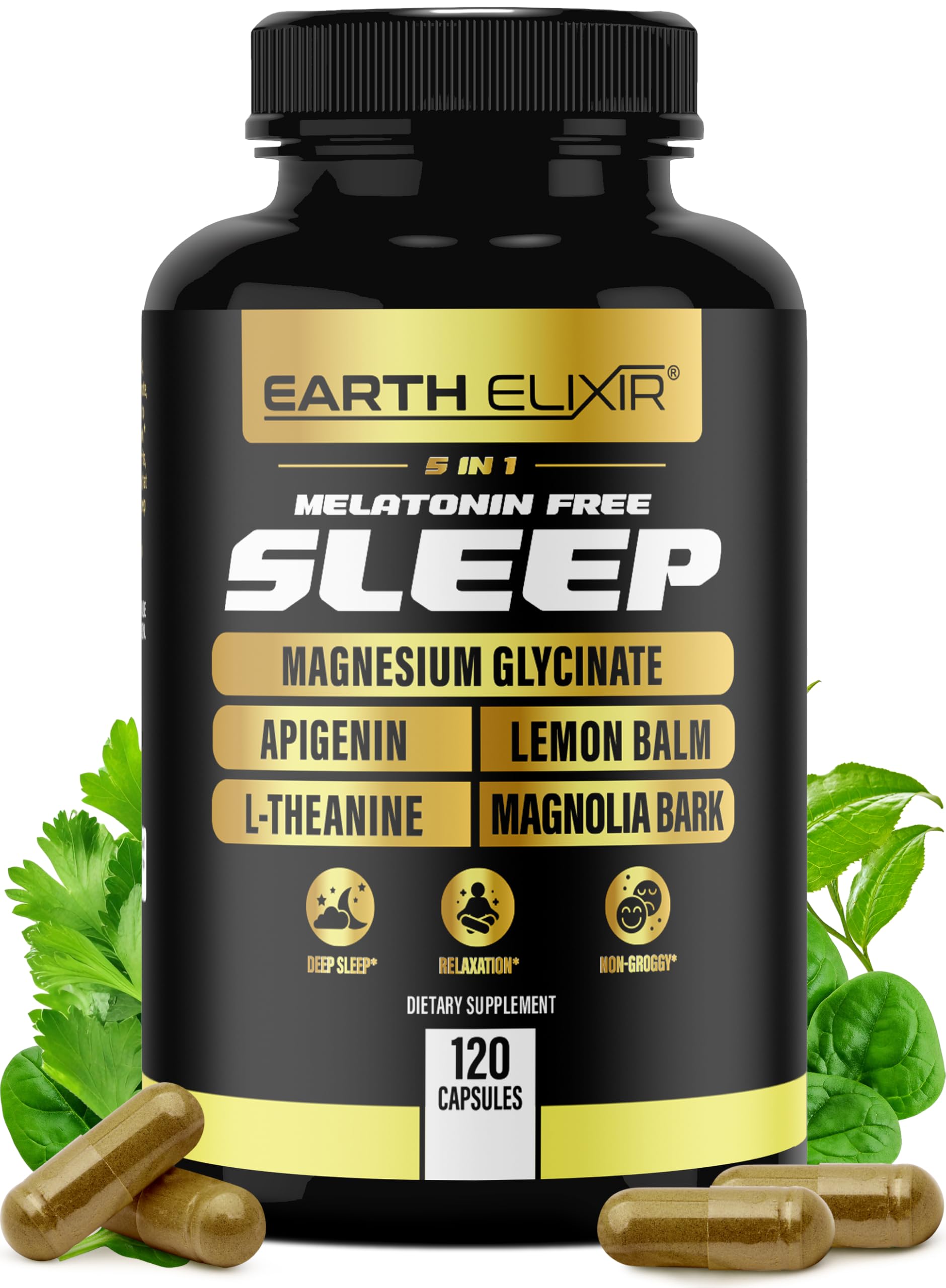 Earth Elixir 5-in-1 Melatonin Free Sleep Aid – Magnesium Glycinate, Apigenin for Sleep, L-Theanine, Lemon Balm, Magnolia Bark Extract Capsules, 120 Count