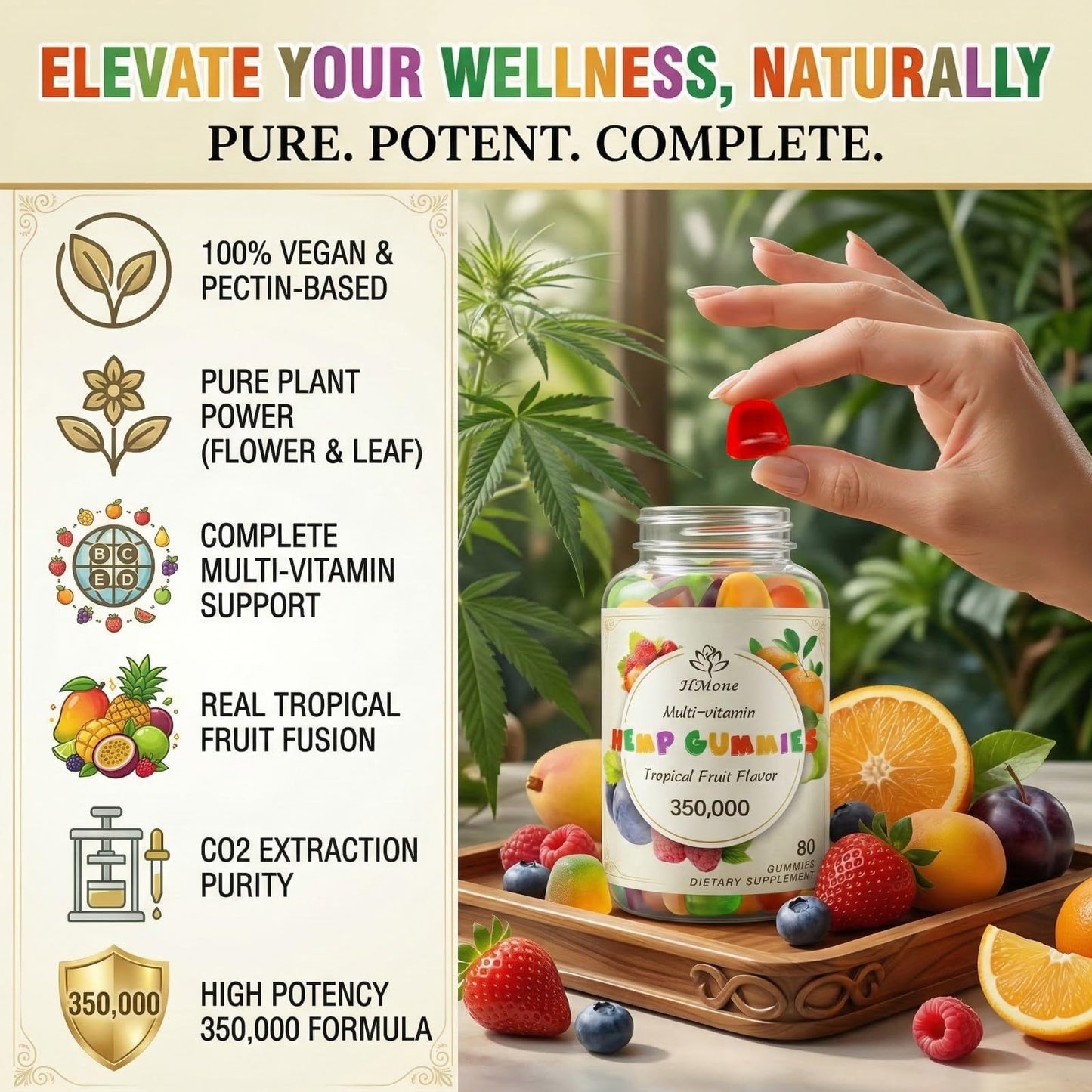 HMone Hemp Gummies for Pain Sleep Anxiety Extra Strength with Organic Hemp Oil Extract, Vegan Bear Candy, Non-GMO, 80 Count