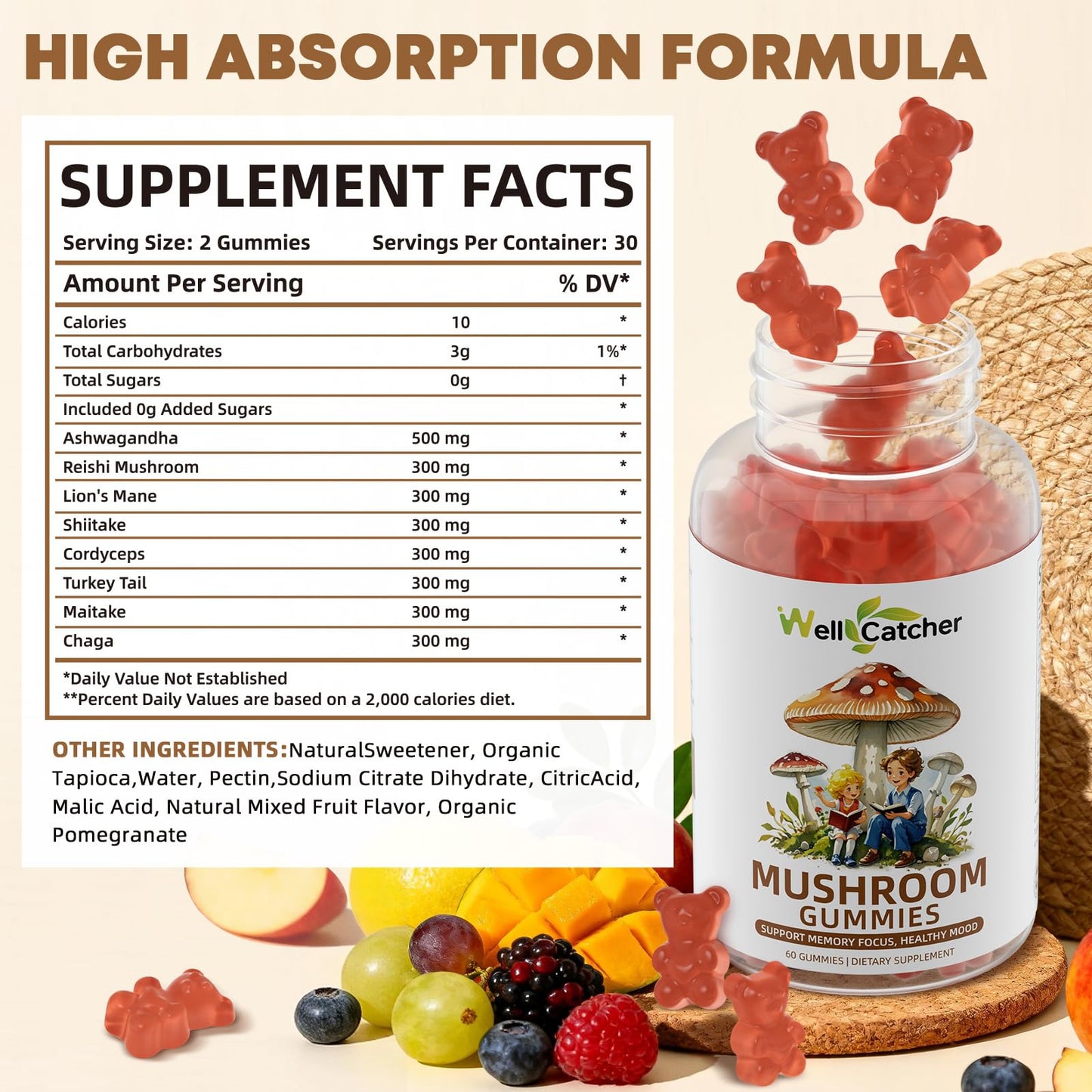 Wellcatcher Mushroom Gummies with Ashwagandha, Lion's Mane, Reishi & Cordyceps - Brain Support, 60 Gummies
