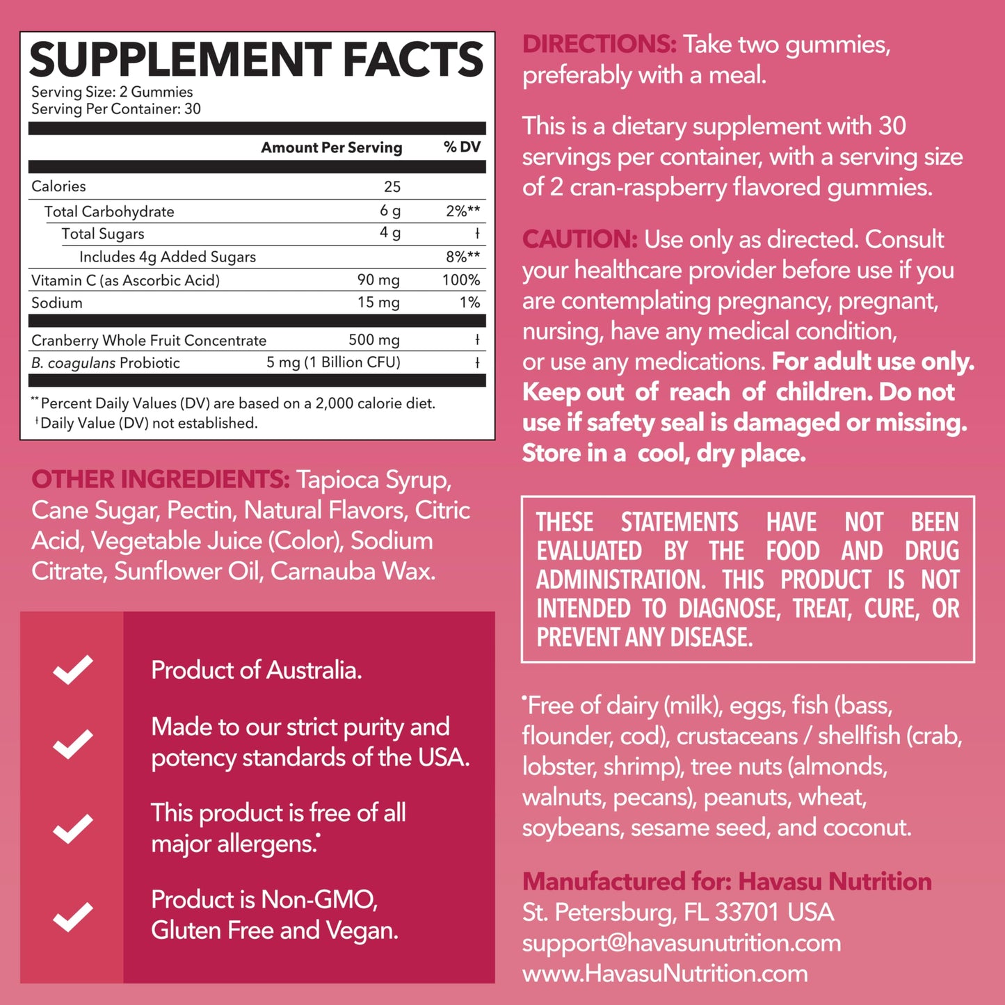 HAVASU NUTRITION Cranberry Probiotic Gummies, Cran-Raspberry, 60 Gummies