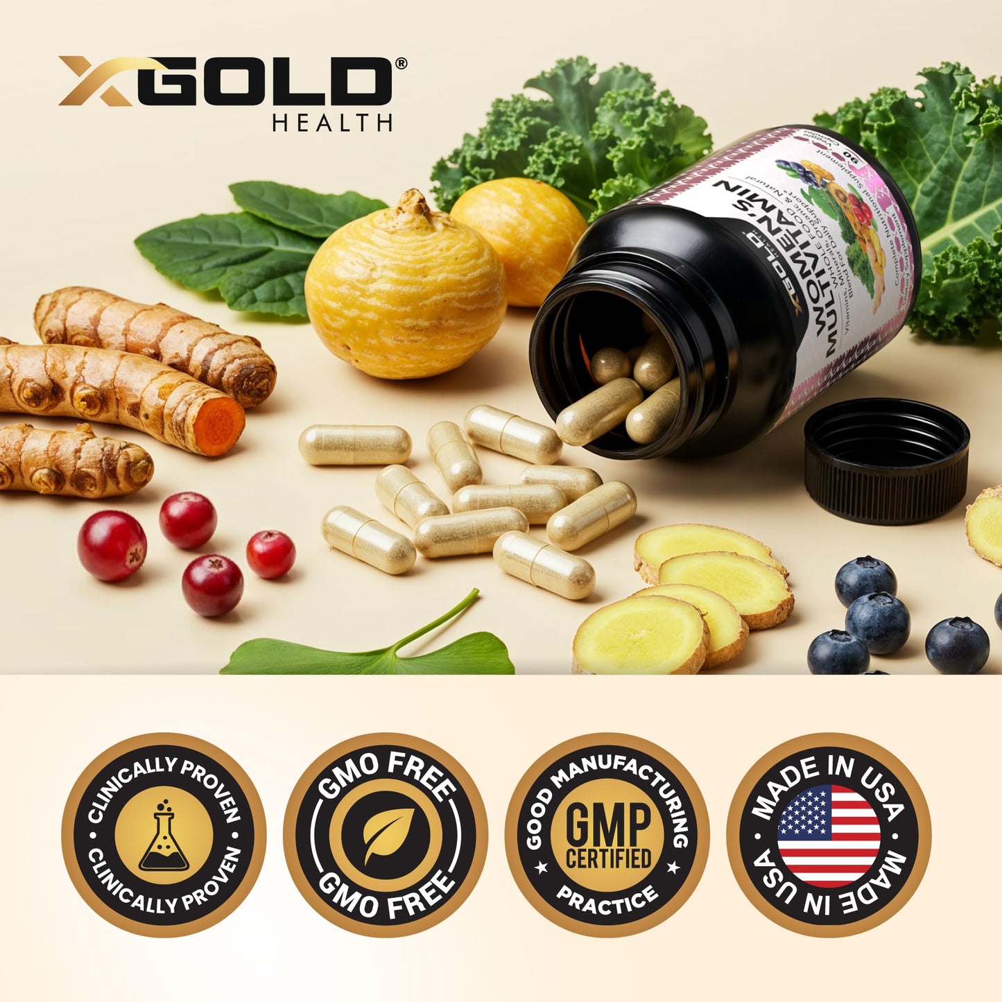 X Gold Health Vegan Women's Daily Multivitamin 50 Plus Organic WholeFood 90 Capsules