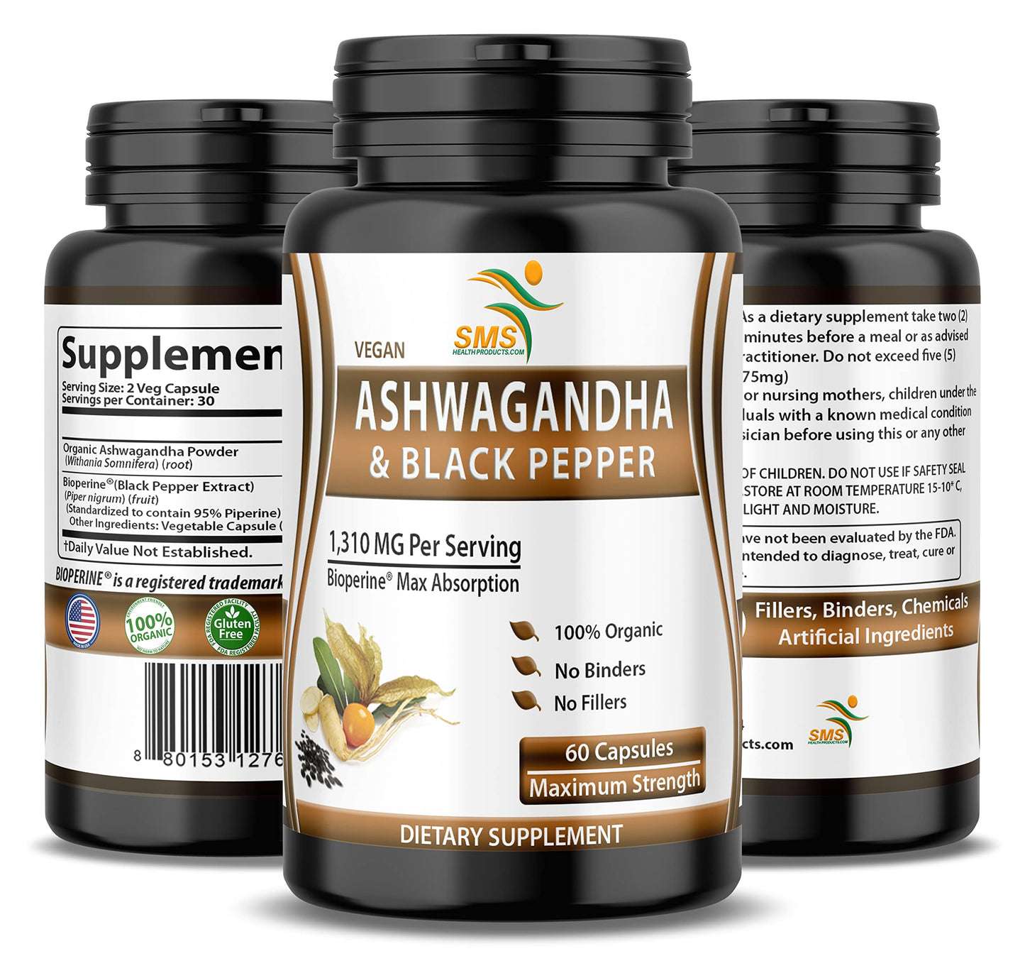 SMSHEALTHPRODUCTS.com Ashwagandha with Black Pepper Capsules 60 Capsules