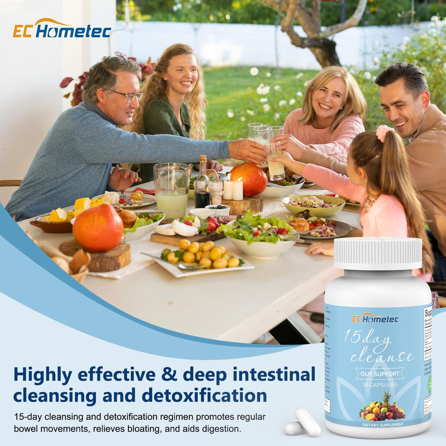 EC Hometec 15 Day Cleanse, Gentle Colon Detox with Senna Leaf & Kale, Natural Bloating Relief for Women & Men, 15-Day Gut Cleanse Supplement for Digestive Health, 30 Capsules