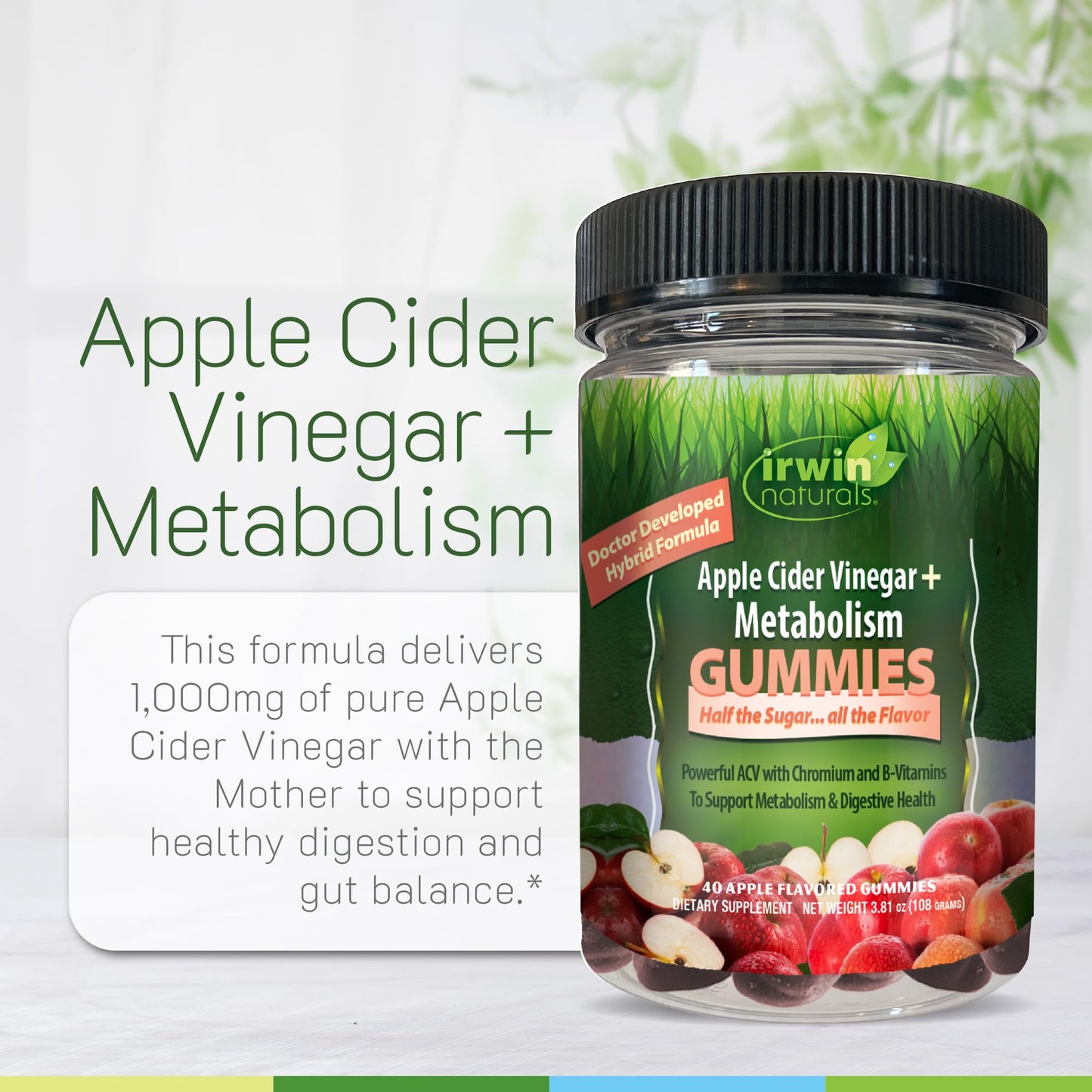 Irwin Naturals Apple Cider Vinegar + Metabolism, 1000mg, Chromium for Energy & Digestive Support, Vegan Gummies, 40 Count