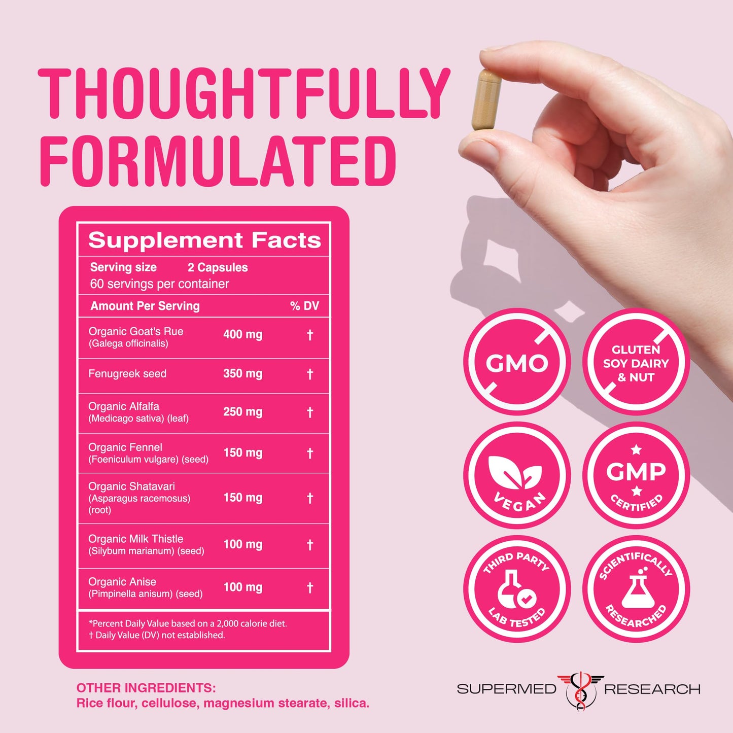 Supermed Research Lactation Supplement to Increase Milk Supply for Breastfeeding with Goat's Rue, Fenugreek, Alfalfa, Fennel, Shatavari, Milk Thistle – Supports Breastmilk Production Capsules 120