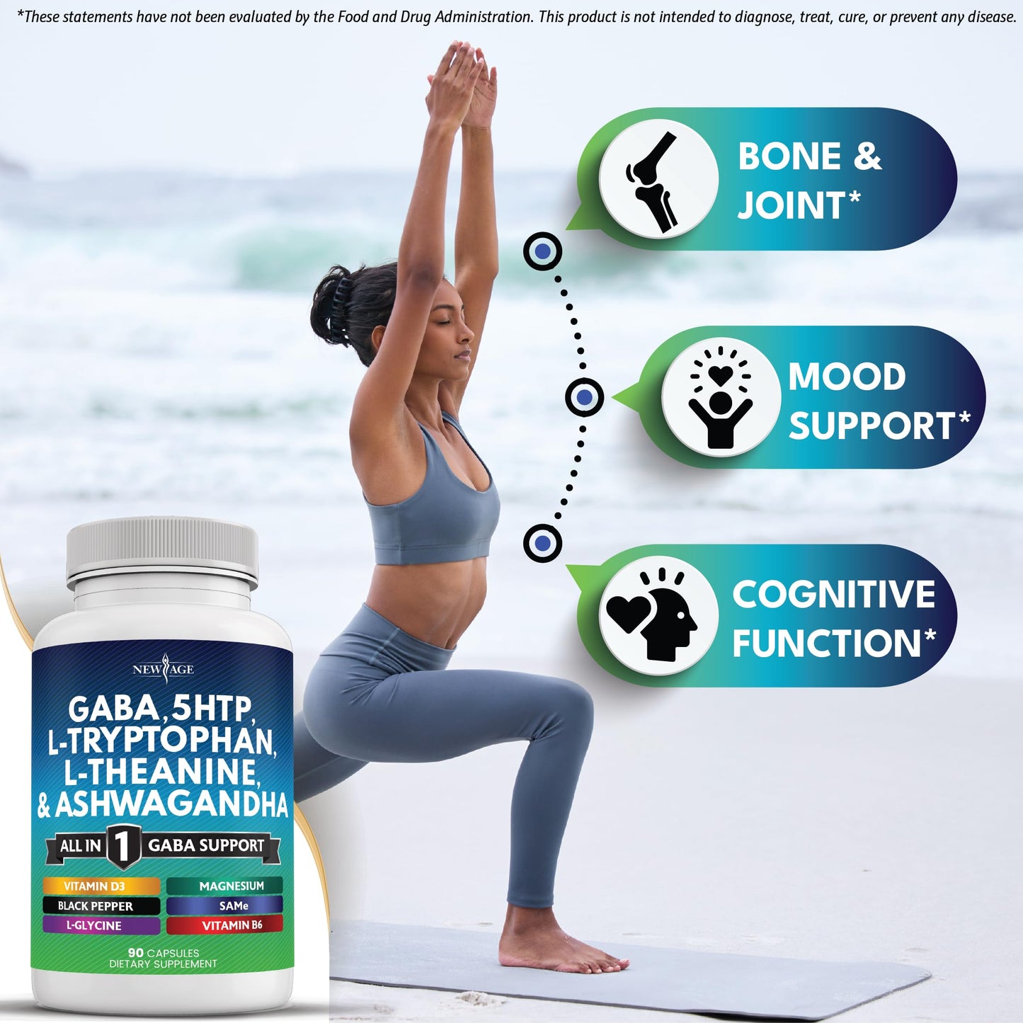 NEW AGE GABA 750mg 5-HTP 200mg L-Tryptophan 500mg L-Theanine 200mg Ashwagandha SAM-e L-Glycine Capsules, 90 Count