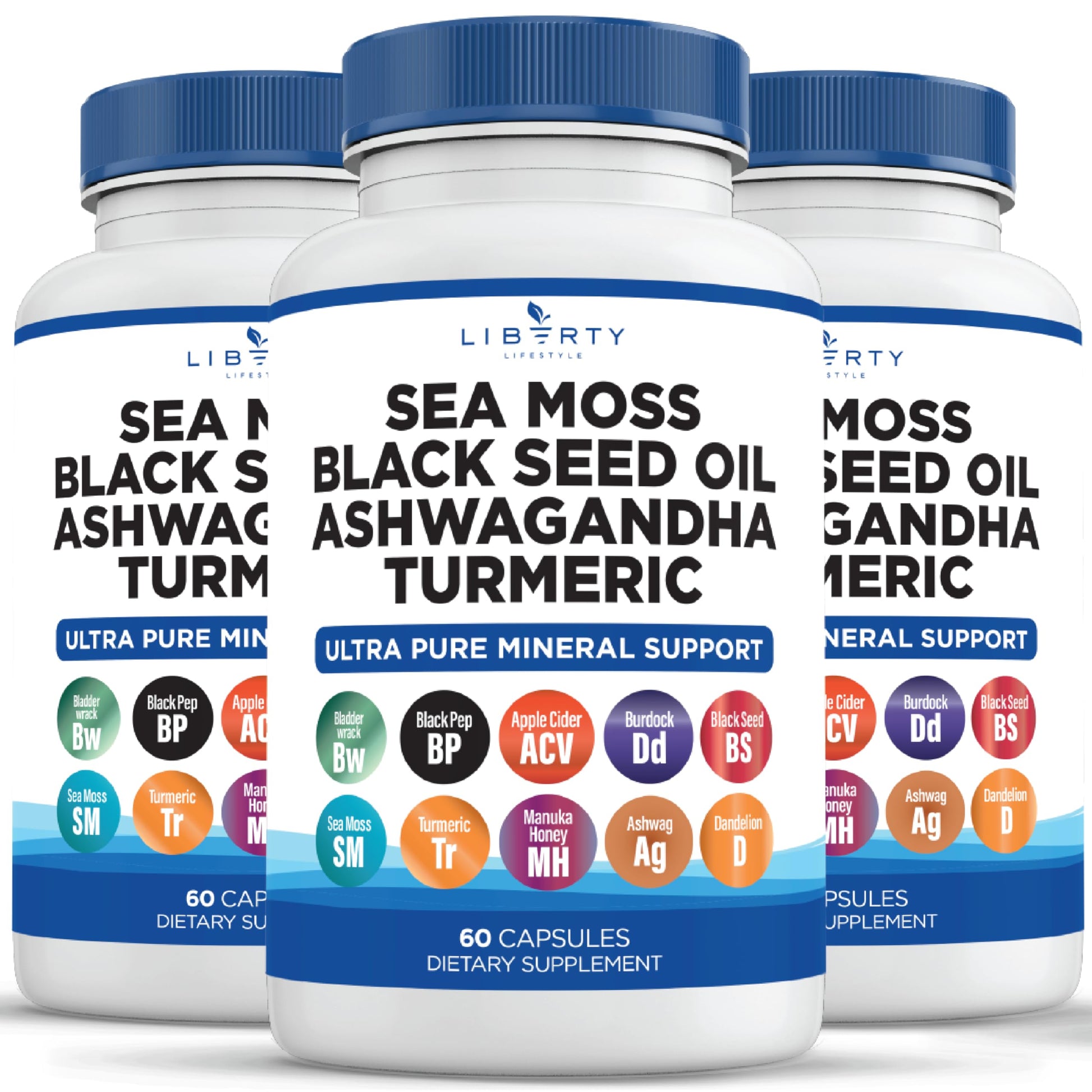 Liberty Lifestyle Sea Moss Black Seed Oil Ashwagandha Turmeric Bladderwrack Burdock - with Manuka, Honey Dandelion, ACV Black Pepper Gluten Free, 180 Capsules