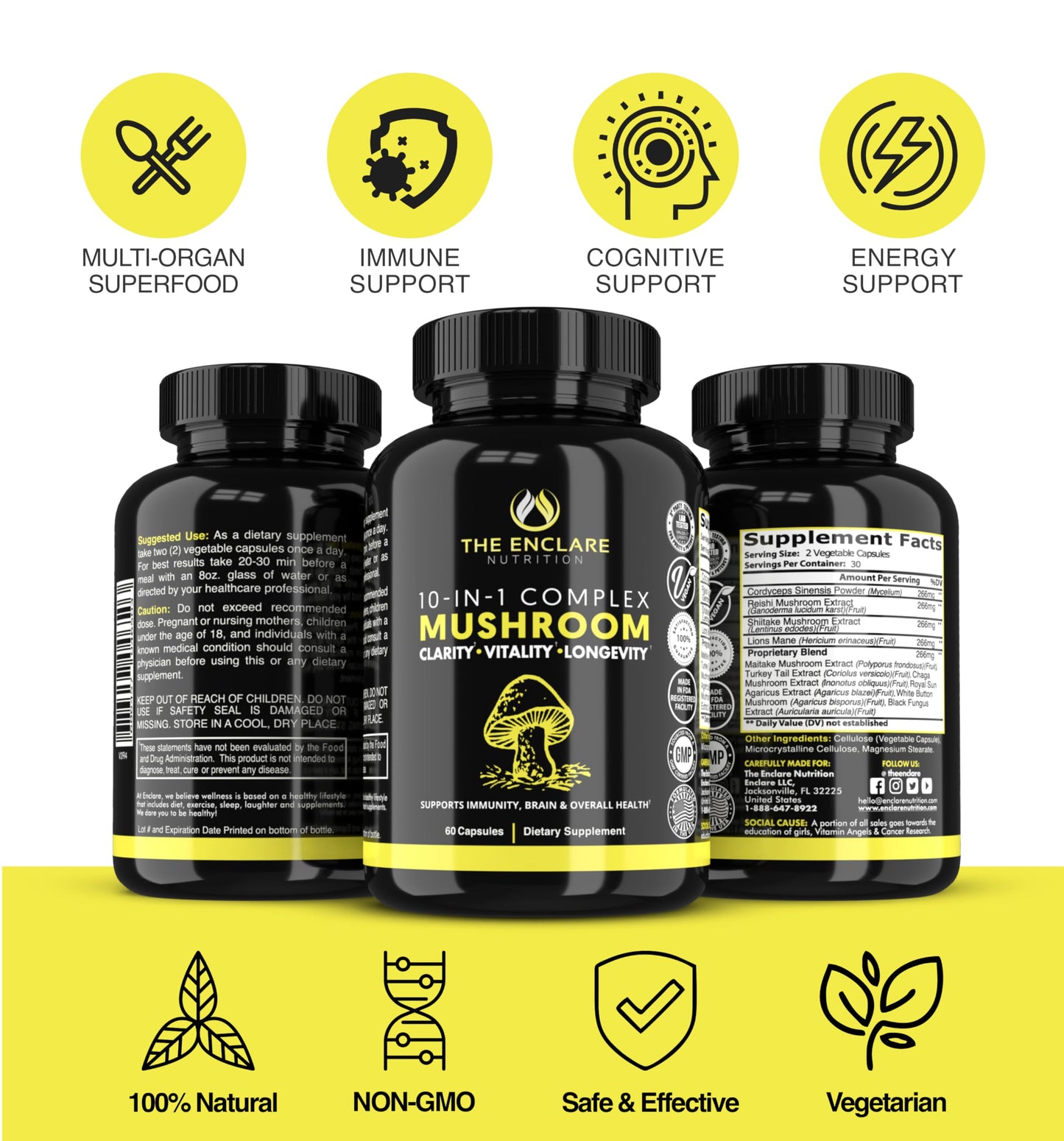 THE ENCLARE NUTRITION Mushroom Supplement 10in1 Complex Immune Support Lions Mane, Reishi, Turkey Tail, Cordyceps, Chaga, Maitake, Shiitake, Agaricus Nootropic Brain Energy Booster, Capsules, 60 Count