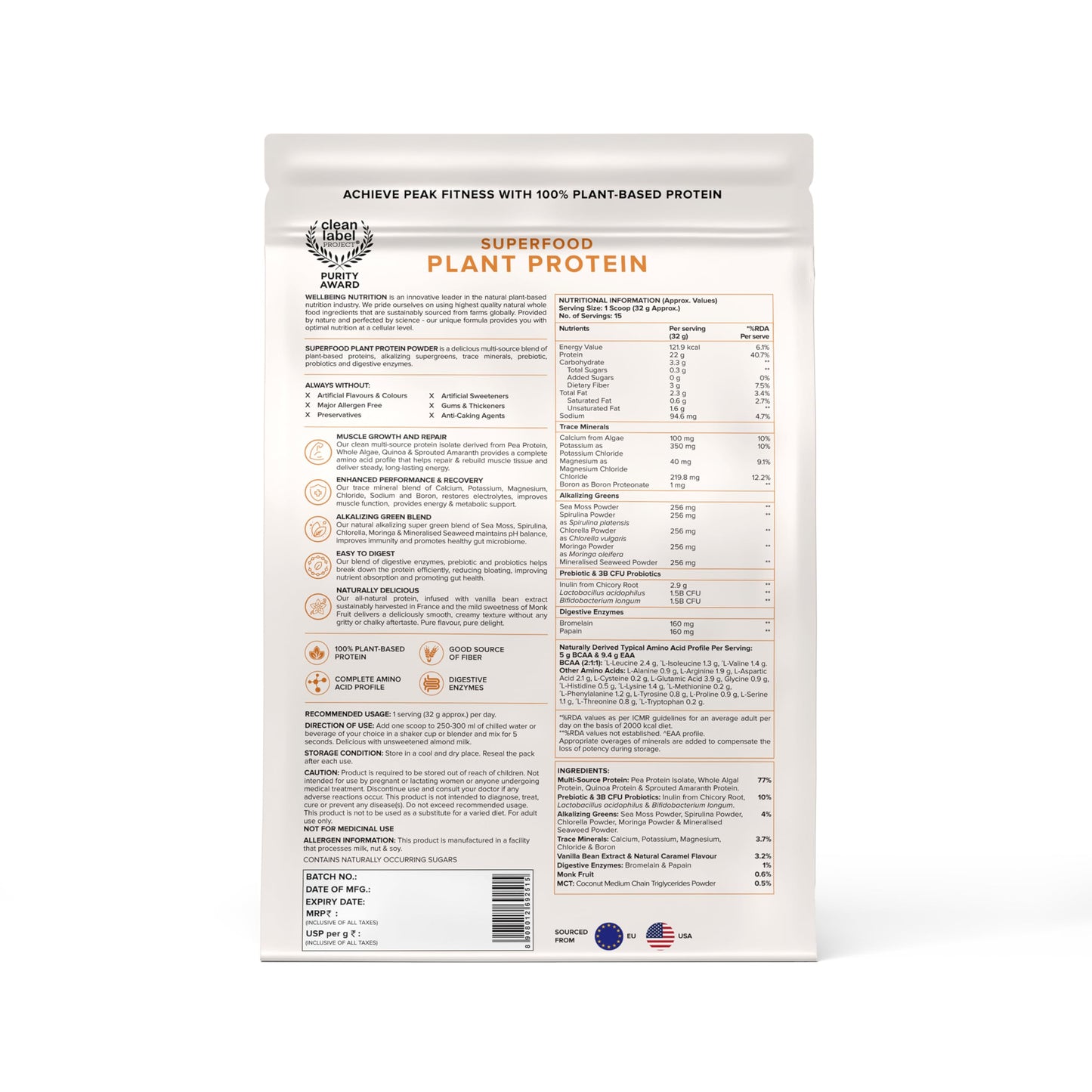 WELLBEING NUTRITION Organic Vegan Plant Protein Isolate Powder, French Vanilla Caramel, 1.1 lb