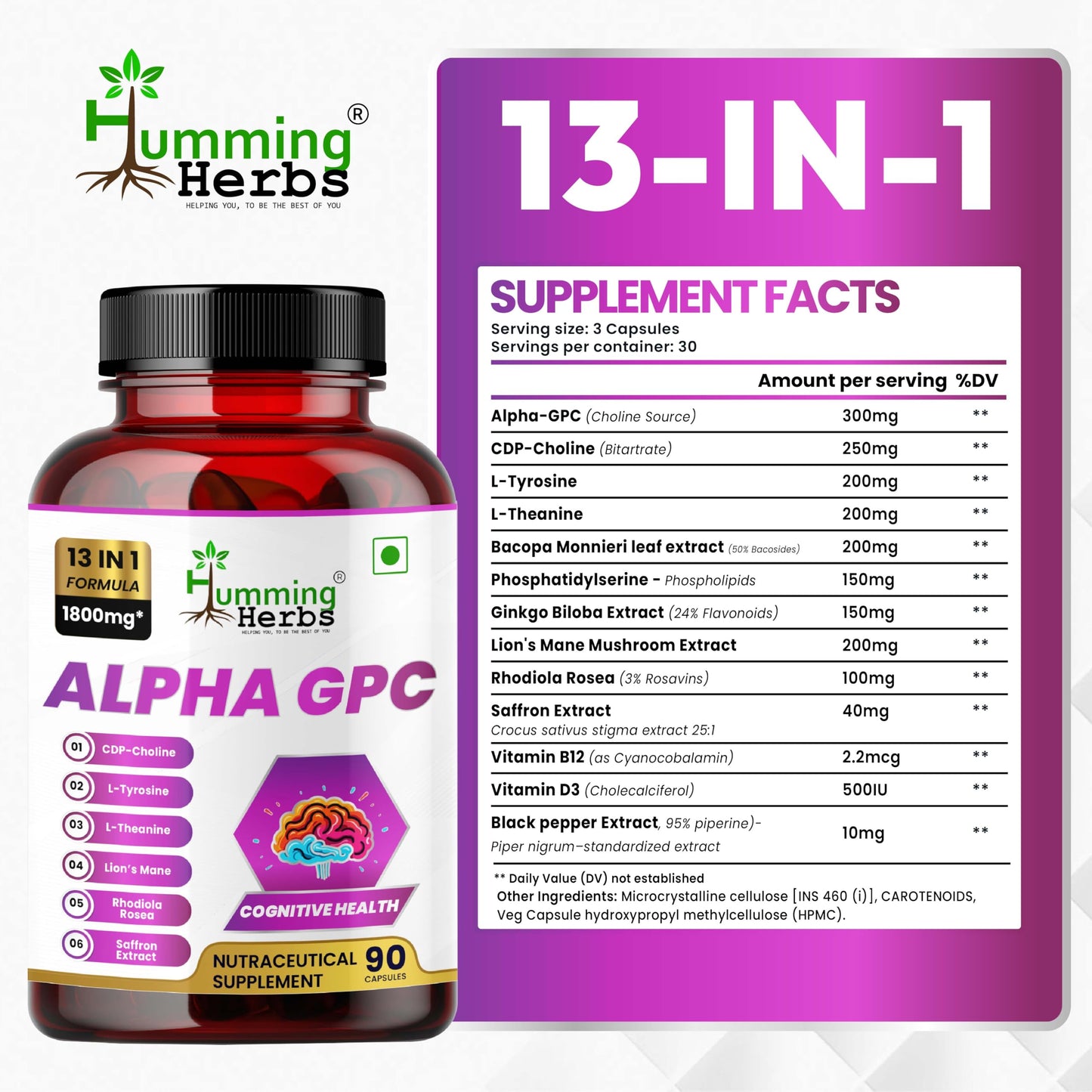 Humming Herbs Alpha GPC 300mg + CDP Choline Nootropic Brain Supplement - Memory Focus Mental Clarity - Lion's Mane, Bacopa, L-Theanine, Phosphatidylserine - 13-in-1 Formula, 90 Capsules