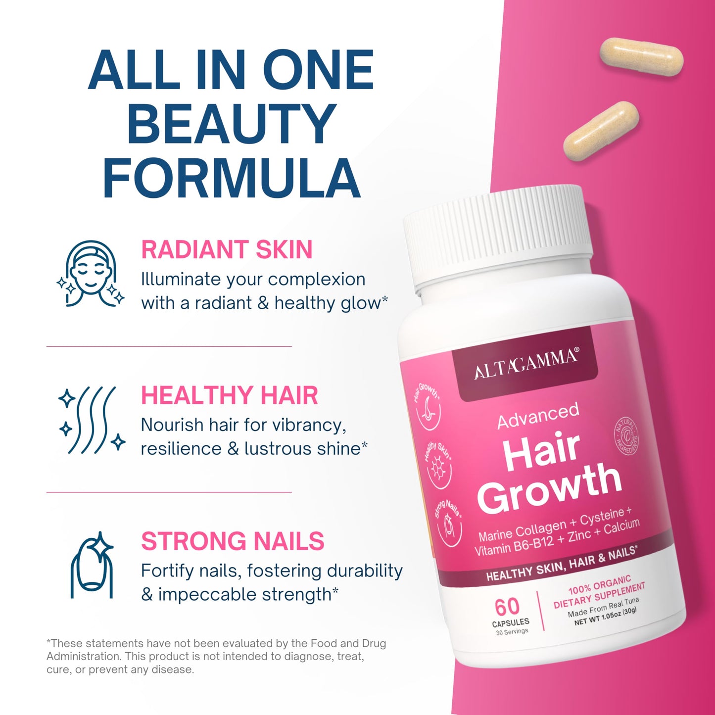 ALTAGAMMA Hair Growth Supplements with Marine Collagen Peptides, 60 Capsules