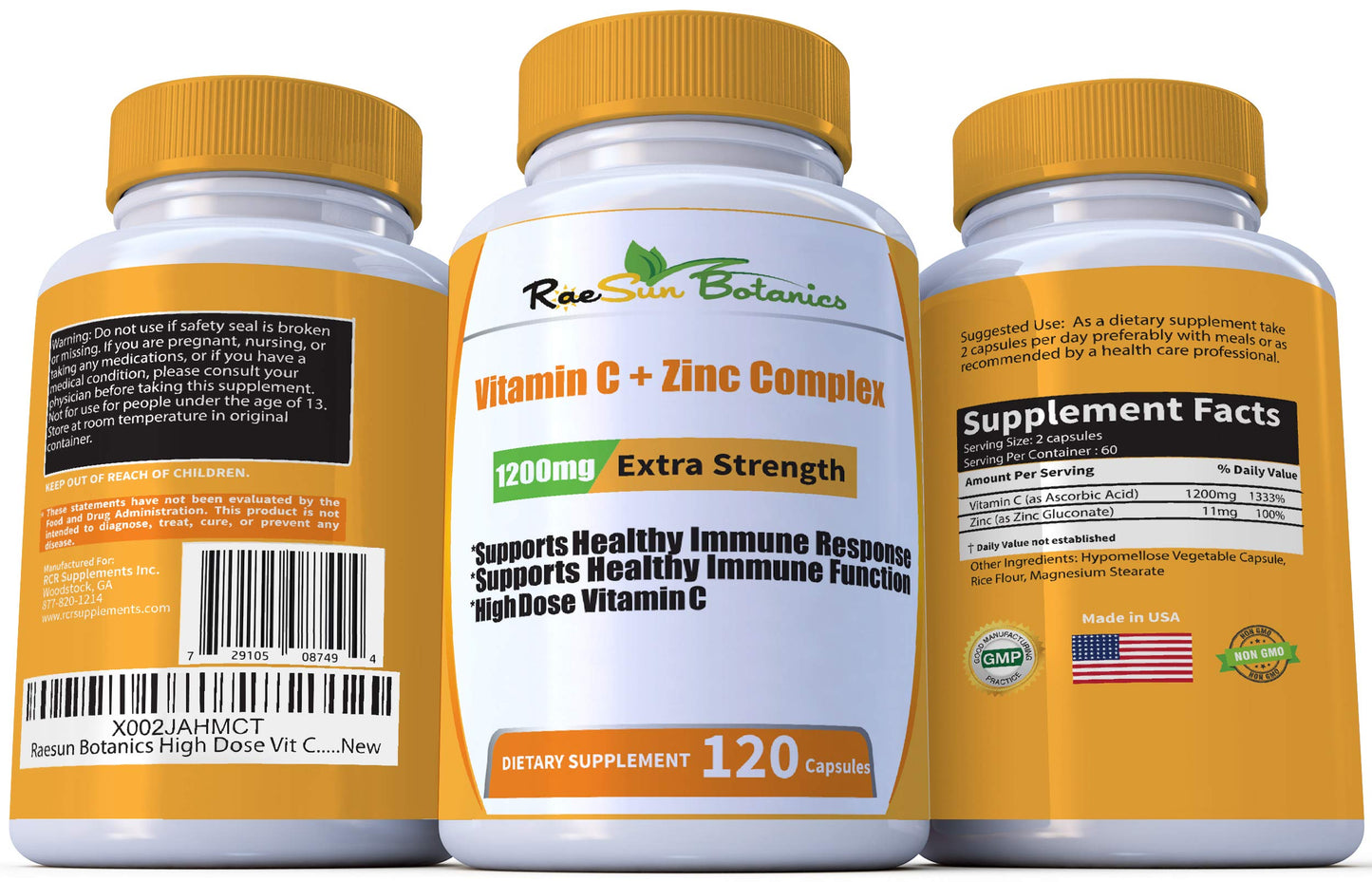 RaeSun Botanics High Dose Extra Strength 1200mg Vitamin C + Zinc Complex for Immune Support 120 Capsules
