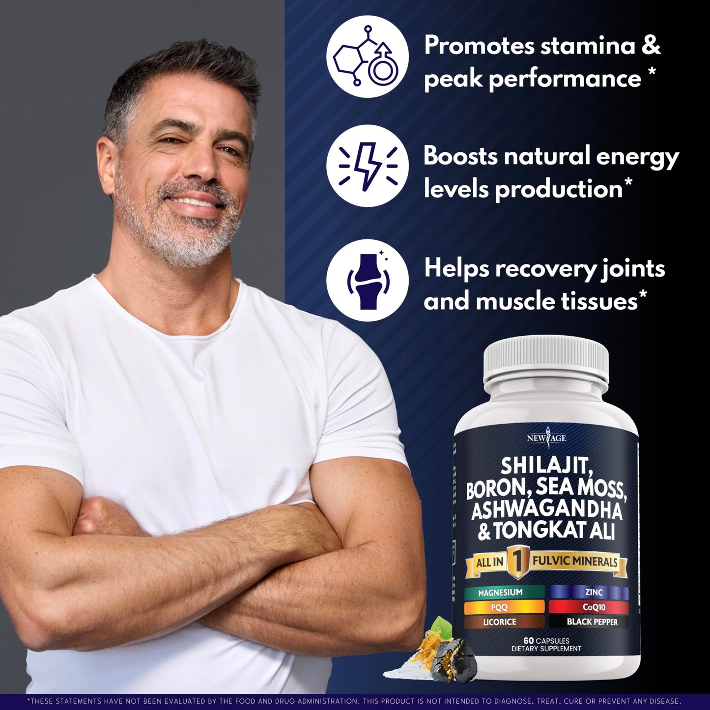 NEW AGE Shilajit Supplement with Sea Moss, Ashwagandha, Tongkat Ali, Boron, Magnesium Fulvic Acid Capsules, 60 Count