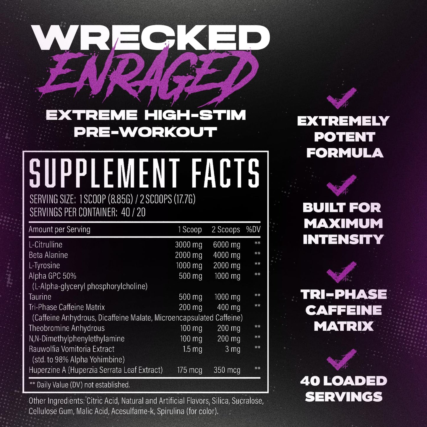 Huge Supplements Wrecked Enraged High Stim Pre Workout Powder 12 oz
