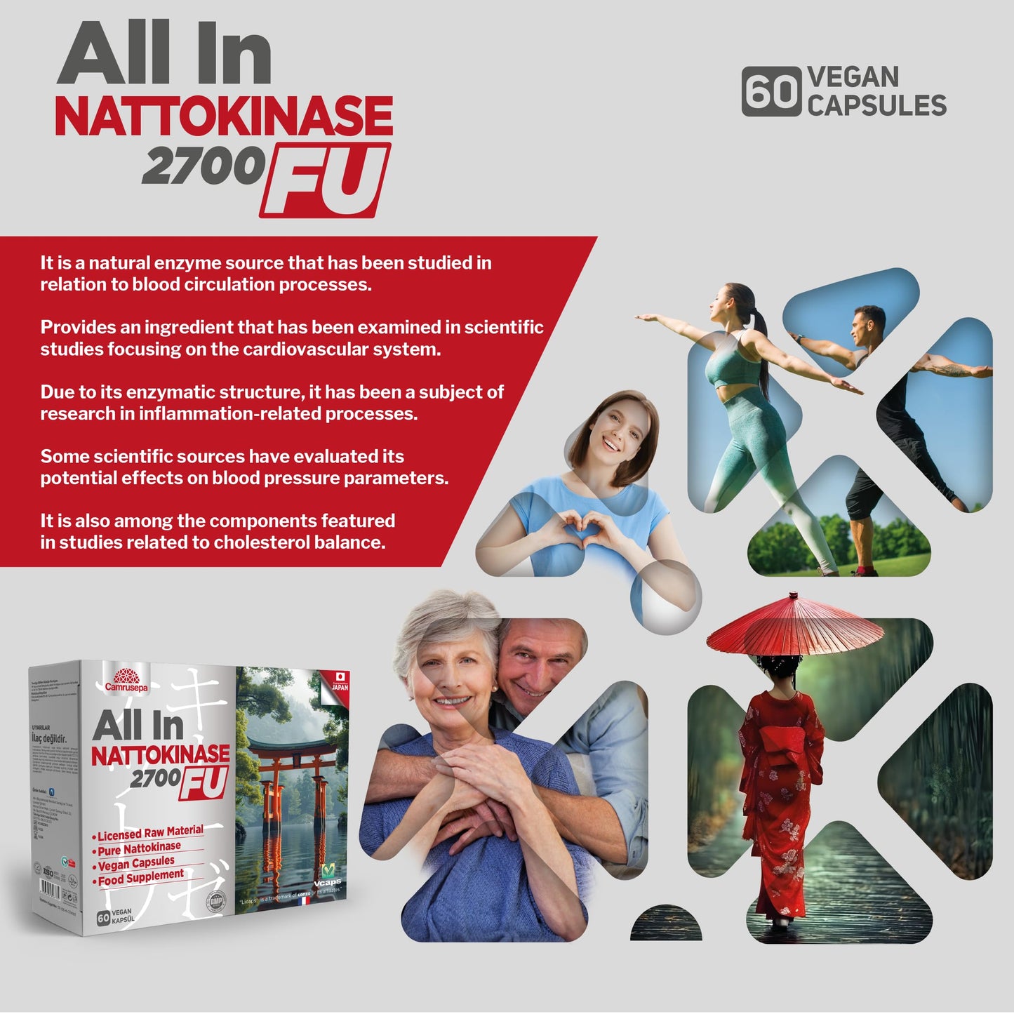 Camrusepa All in Nattokinase 2700 FU Enzyme Supplement for Circulation Support Capsules 60 Count