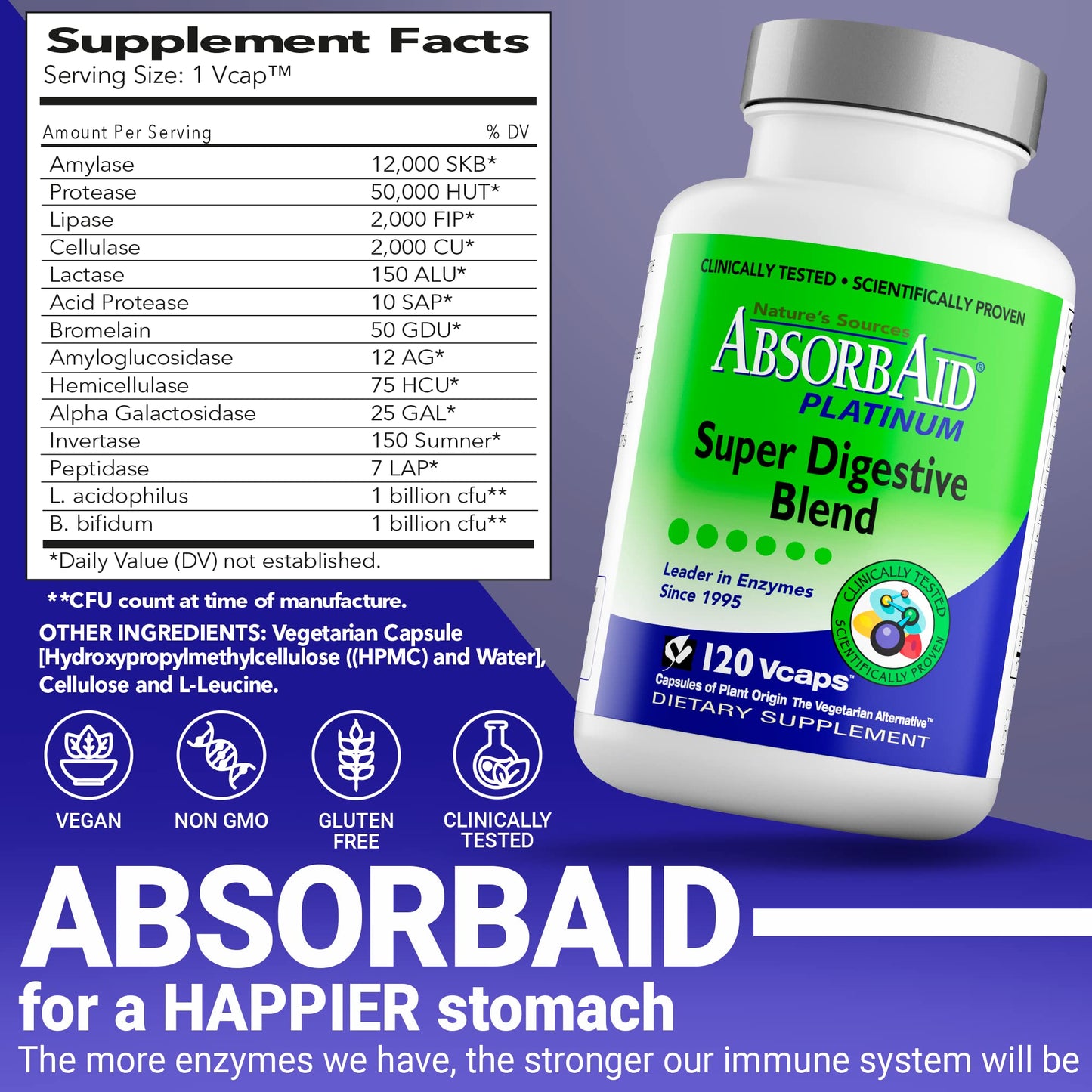 AbsorbAid Platinum Digestive Enzyme Support Capsules 120 Count
