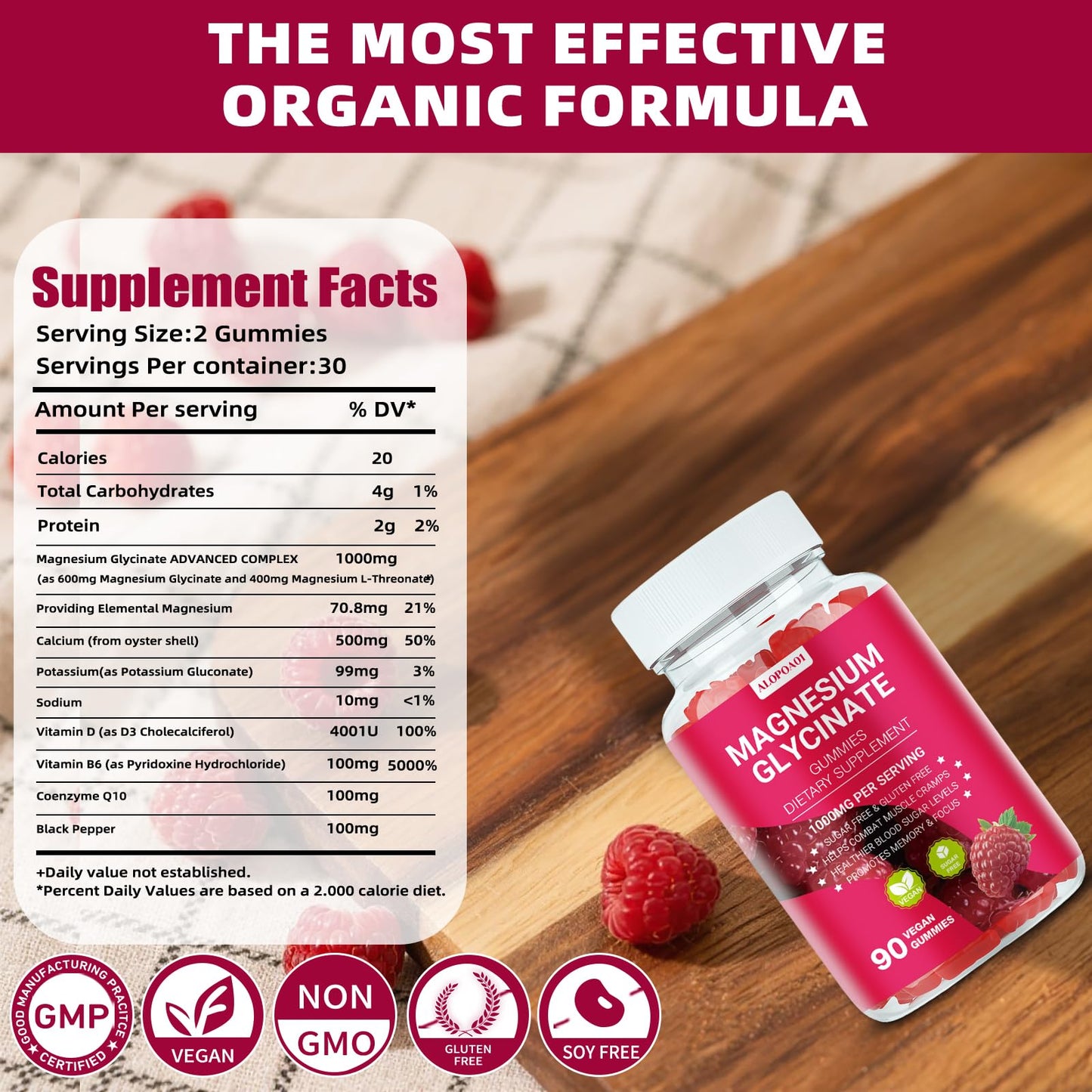 ALOPOA01 Magnesium Glycinate Gummies 1000mg, Non-GMO, Gluten-Free, Raspberry Flavor, 90 Count