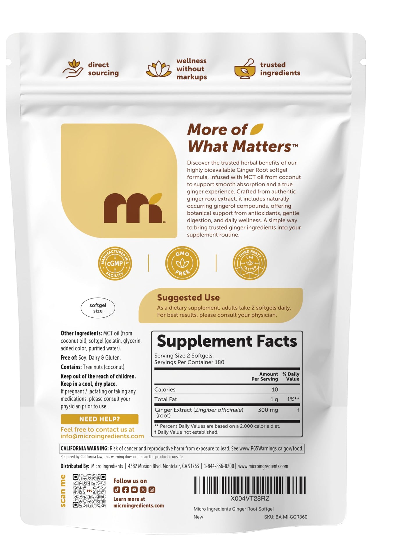 Micro Ingredients Ginger Root with MCT Oil Softgels, 360 Count