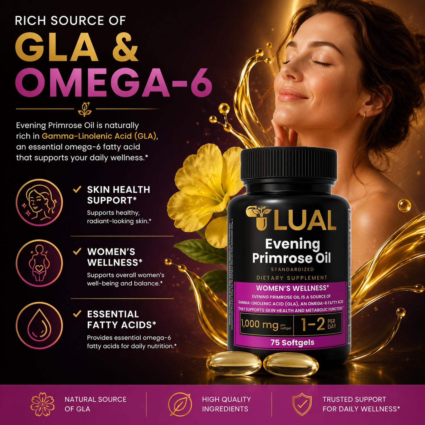 LUAL Evening Primrose Oil 1000mg with GLA Softgels, 75 Softgels