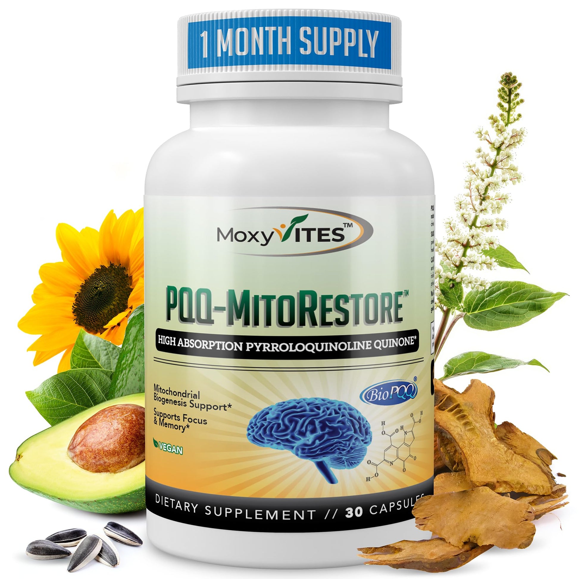 MoxyVites PQQ MITORESTORE Brain Supplements for Memory and Focus, Capsules, 30 Count